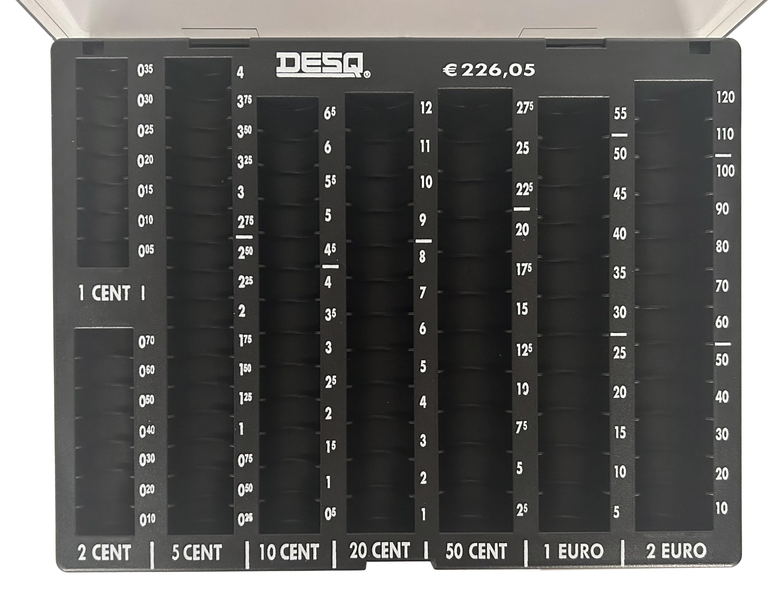 DESQ® Unité de tri de monnaie avec couvercle, adaptée pour les pièces en centimes et en euros, 8 compartiments, capacité de pièces de 226,05 €