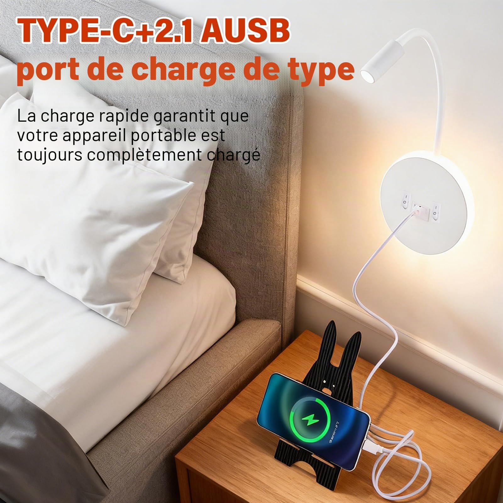GOMETY Lampe de Lecture Murale, Lampe Blanche à Col de Cygne Pivotant à 360° avec Prise, Chevet à Intensité Variable, Applique Murale LED pour Chambres, Hôtels et Tables de Nuit