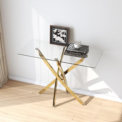 Miniatura 3 de Mesa consola de vidrio templado con patas cromadas, moderna mesa de sofá estrecha para entrada de pasillo (dorado, 39 x 18 x 30 pulgadas) Oro,Negro