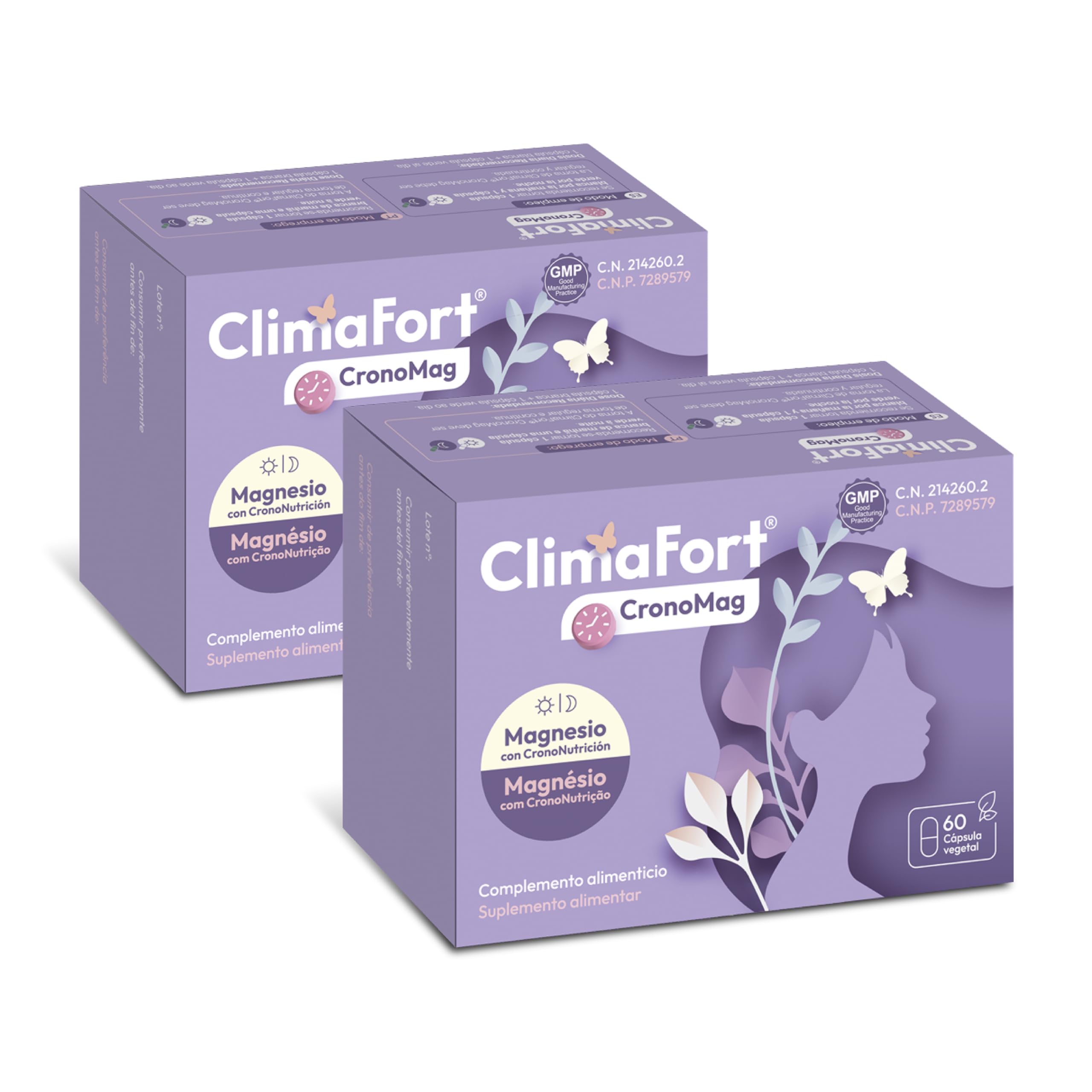[Pack de 2] ClimaFort CronoMag | Magnesio para la Mujer | 5 Sales Glicinato, Glicerofosfato | Vitamina B12 | Energía, Relajación | Crononutrición | 120 Cápsulas