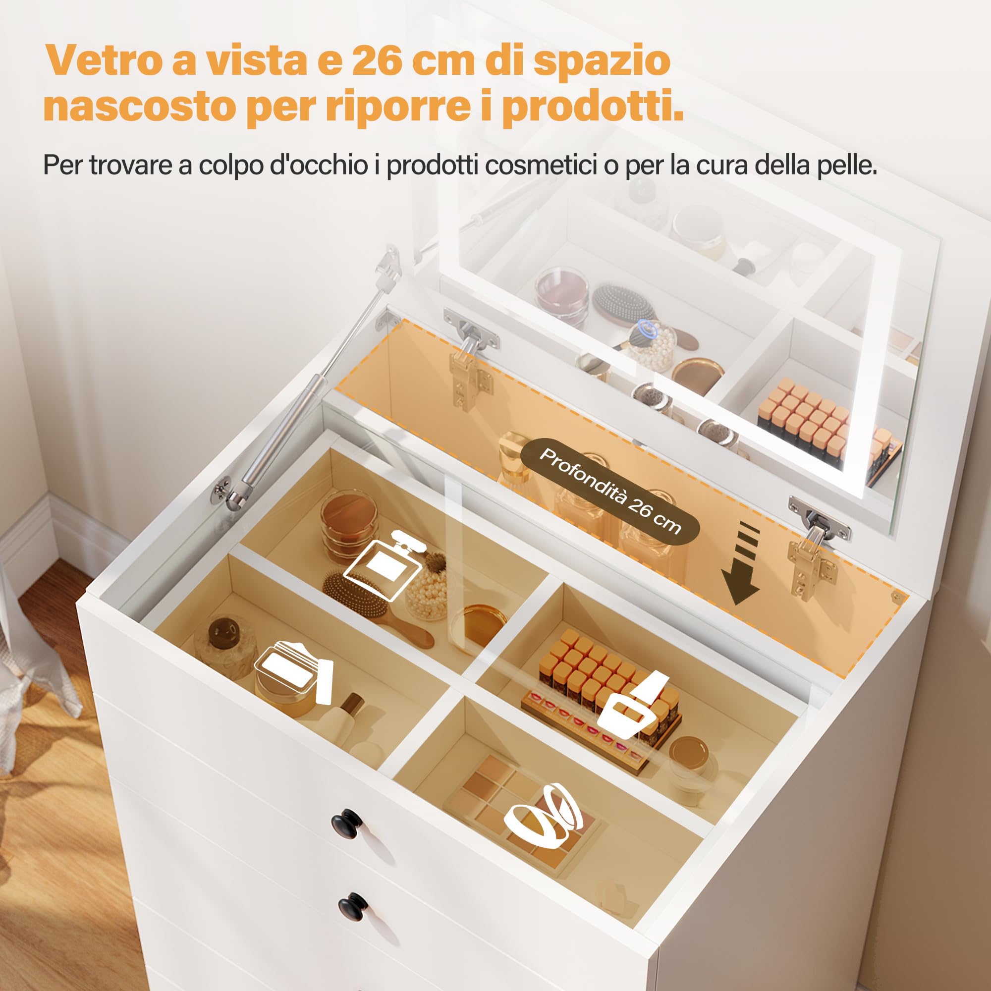 SONNI Toletta Con Luci E Cassetti Per Camera Da Letto, Armadio 2 In 1 Design, Bianca Con Sgabello E Specchio Pieghevole, 60x83x45cm