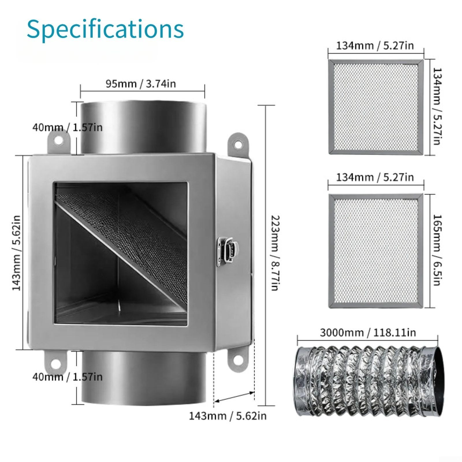Metall Trockner Abluftset 4 Zoll mit Flusenfilter wiederverwendbar(Silver Gray)