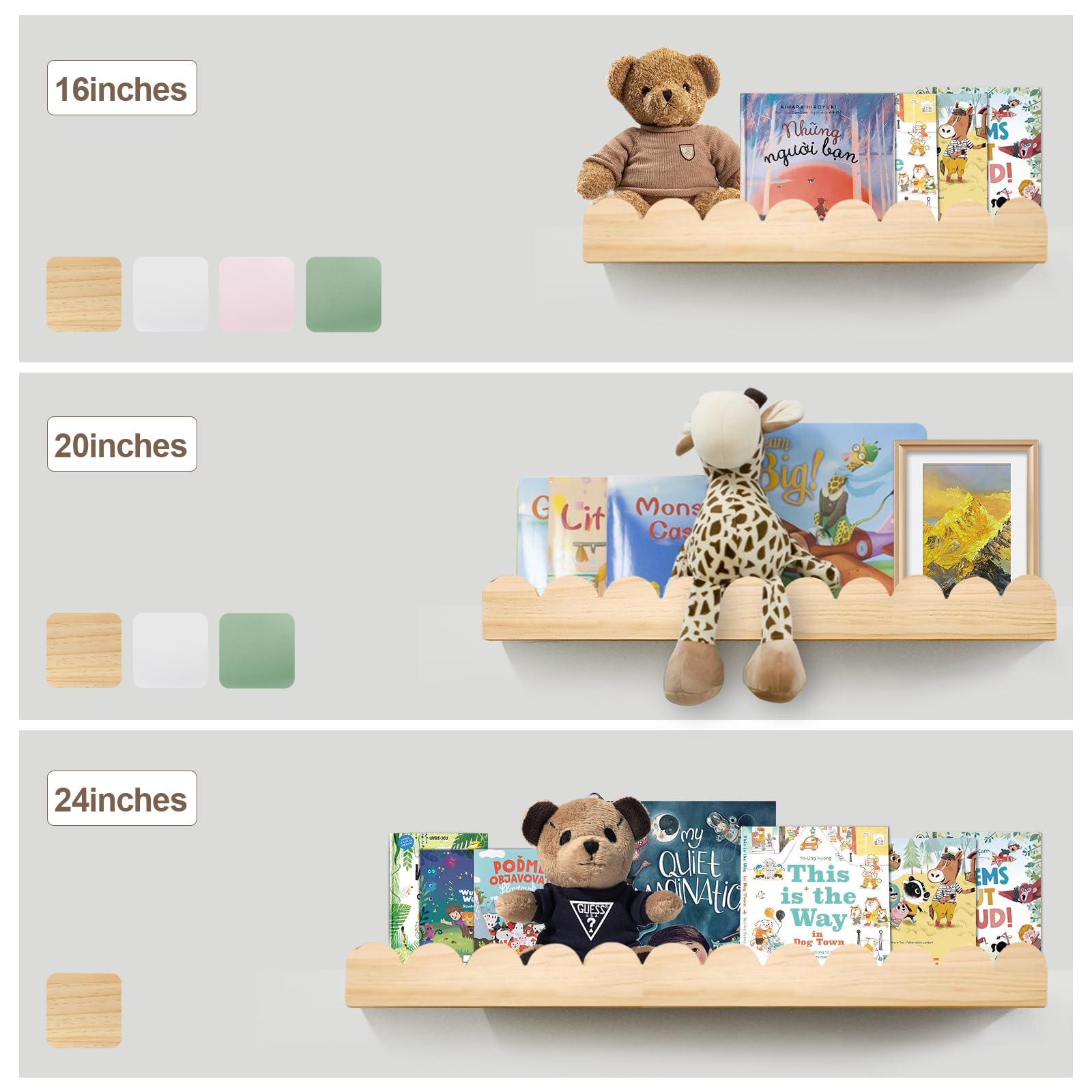 Estantes festoneados para guardería, estantes de pared para libros de pared para dormitorio, niños, estantería de guardería para pared, juego de 4, estantes flotantes para libros de