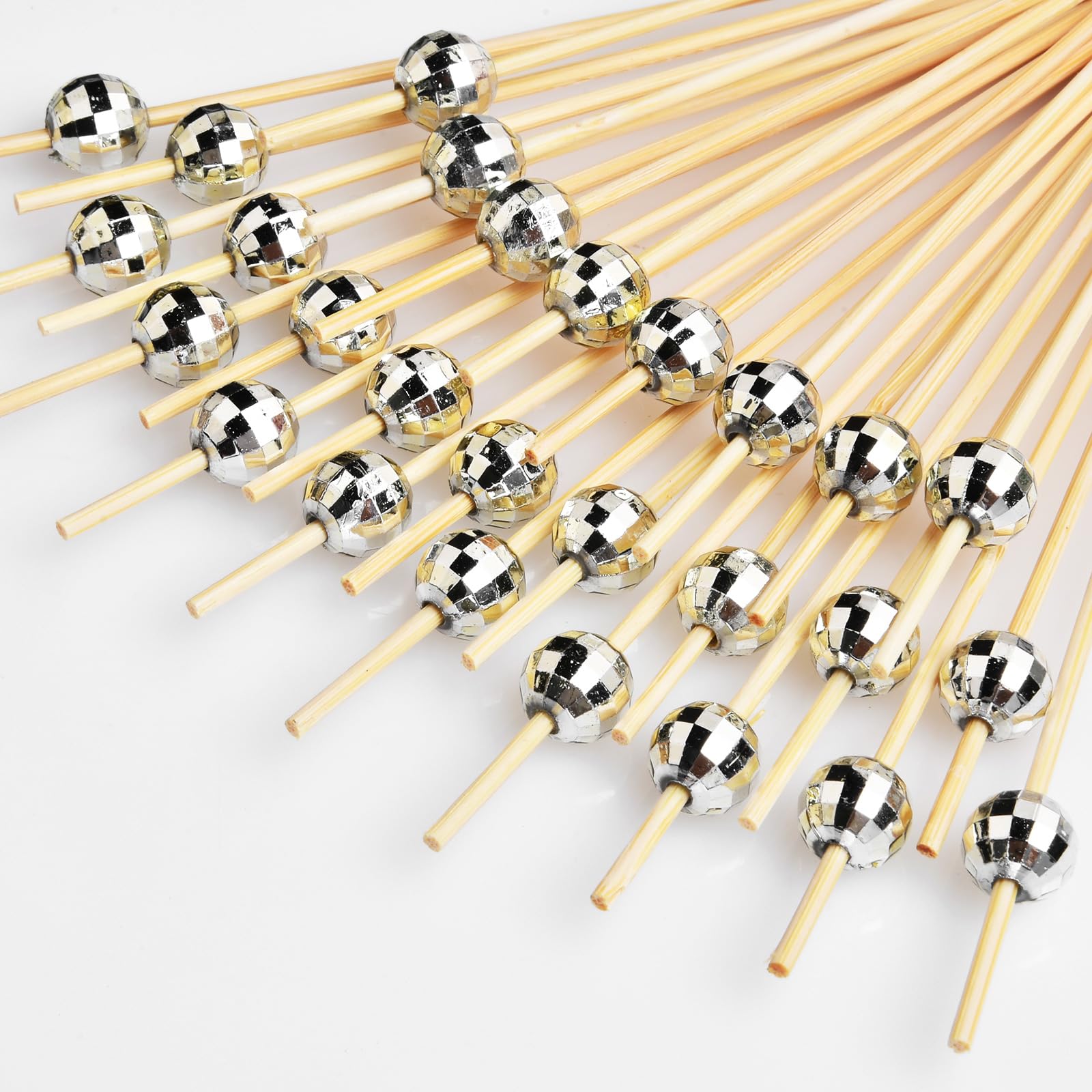ALINK 100PCS Disco Ball Cocktail Picks, Decorative Toothpicks for Appetizers, Silver Wooden Cocktail Skewers for Appetizers, Food, Drinks, Fruits Party Supplies - 4.7 Inch