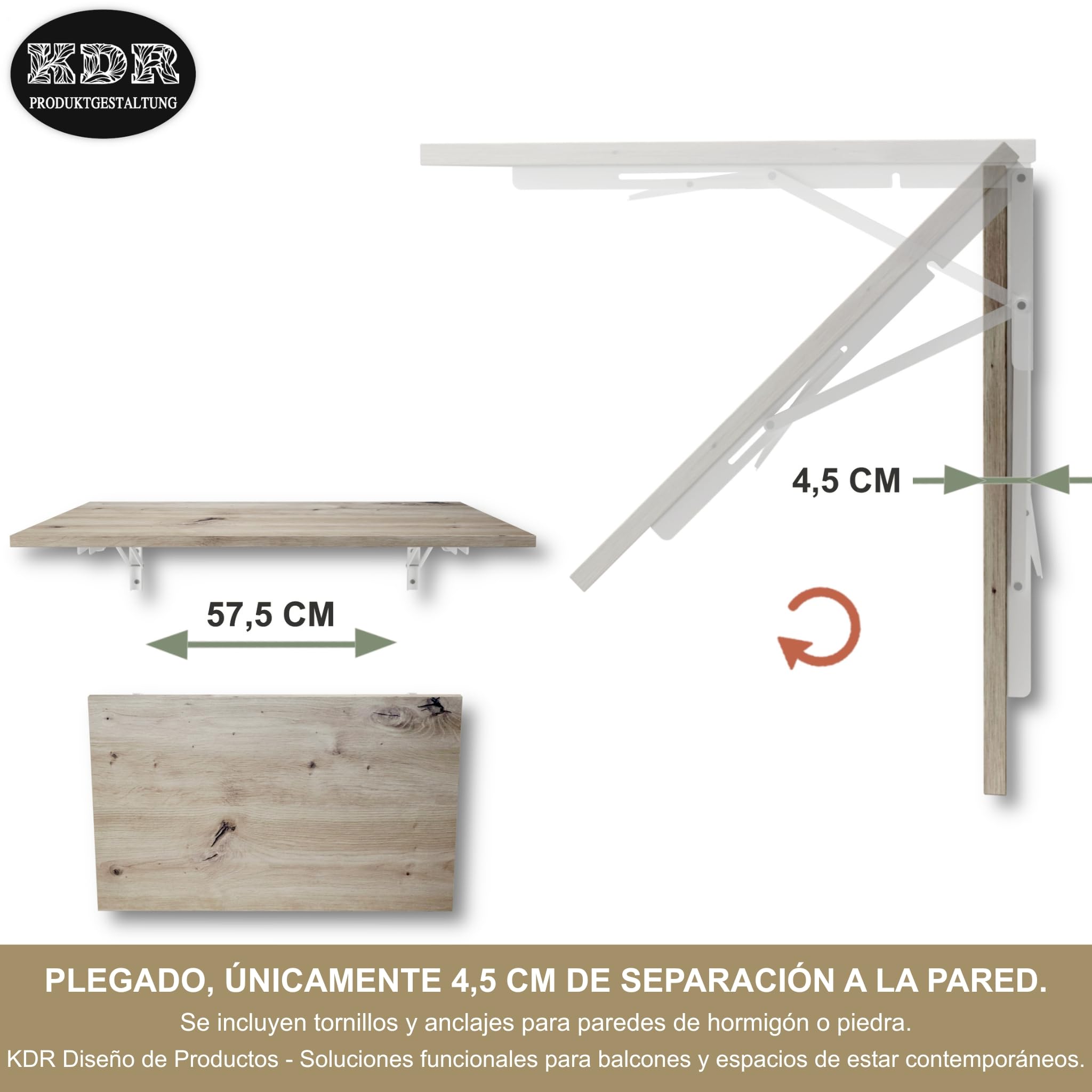 KDR Mesa Plegable de Pared 80 x 50 cm – Mesa abatible Multifuncional Ahorra Espacio, Escritorio Plegable o Mesa de Comedor para Cocina, Oficina o Estudio (Roble nudoso)