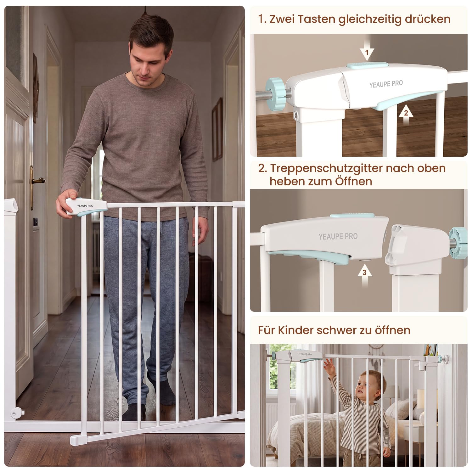 YEAUPE PRO Treppenschutzgitter ohne Bohren,92-95cm,Türgitter Baby Weiß