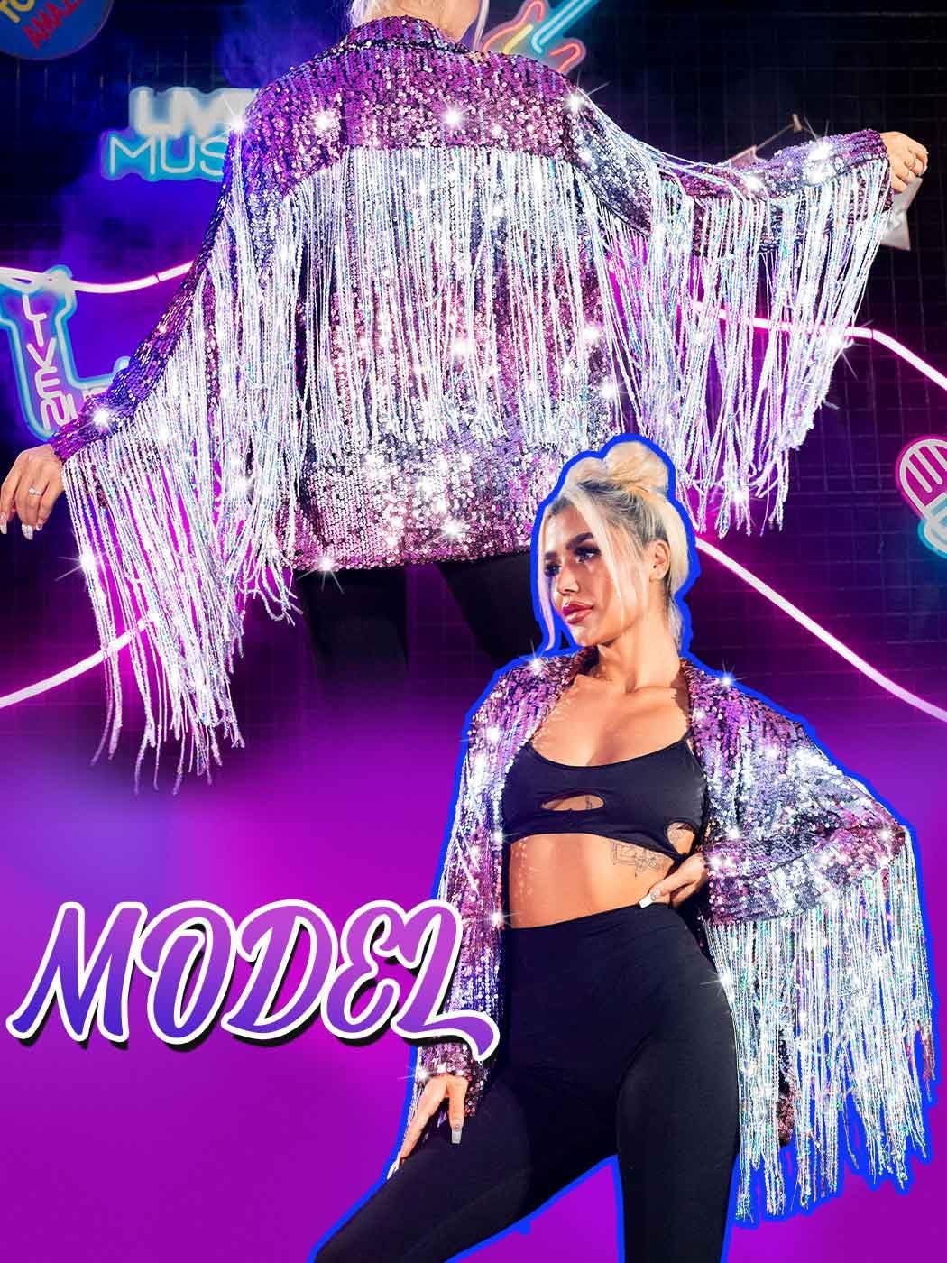 EVILD Women’s Sequin Fringe Jacket Pink Sparkly Blazer Jackets Glitter Tassel Outfits - Image 3