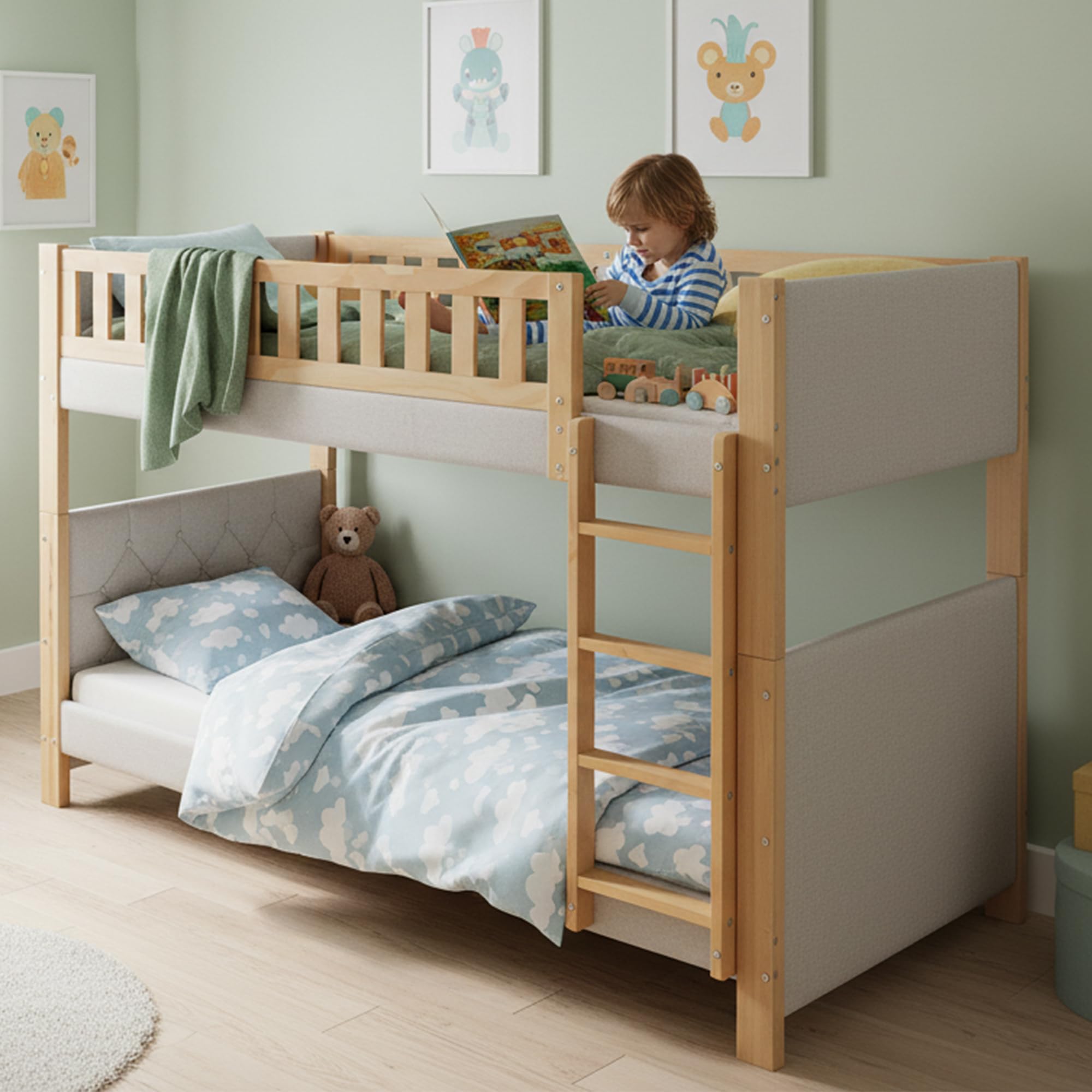 Litera para 2 niños con borde de esponja suave anticolisión gris