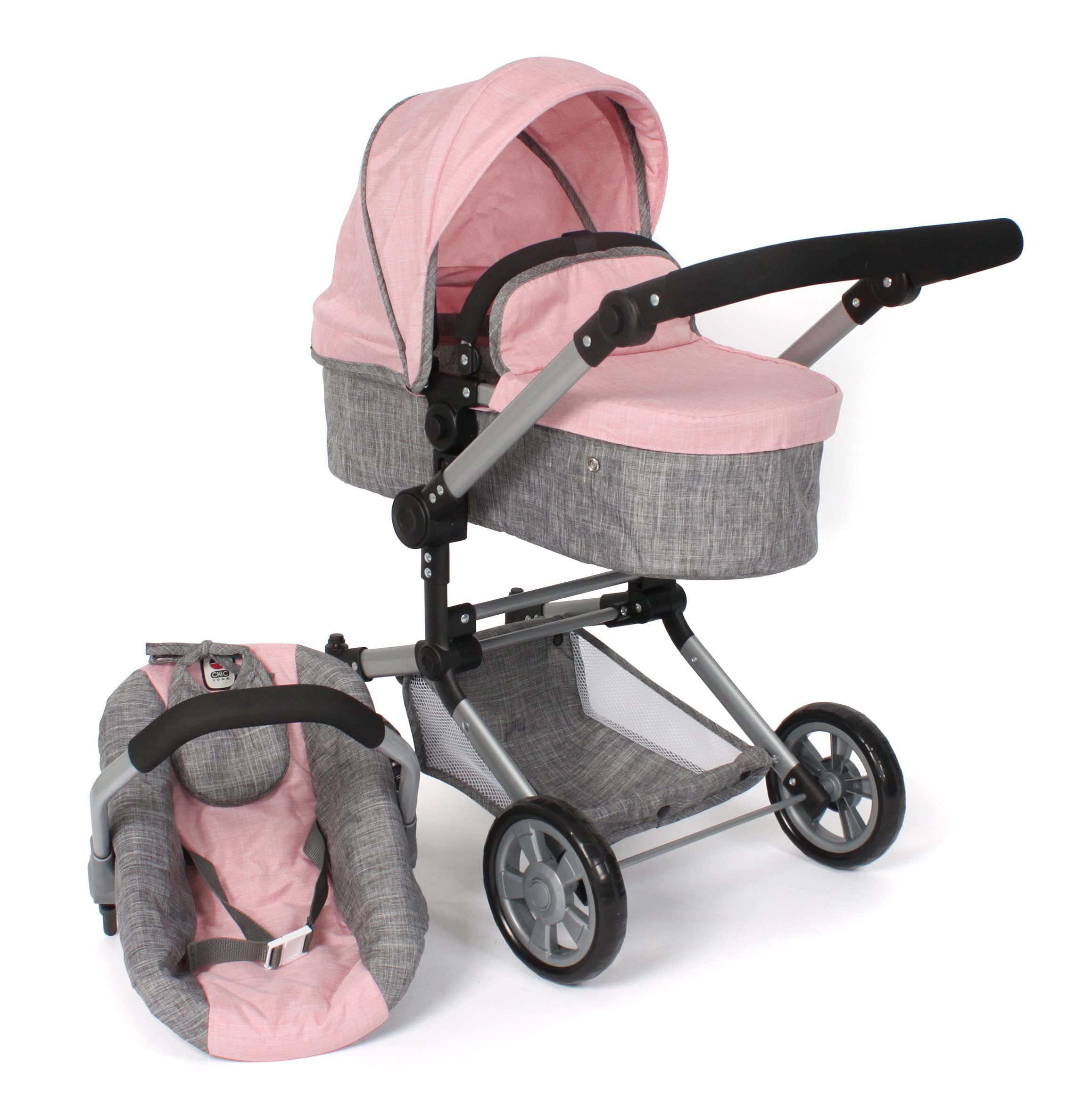 Carrozzina per bambole Lili in vimini con finiture rosa