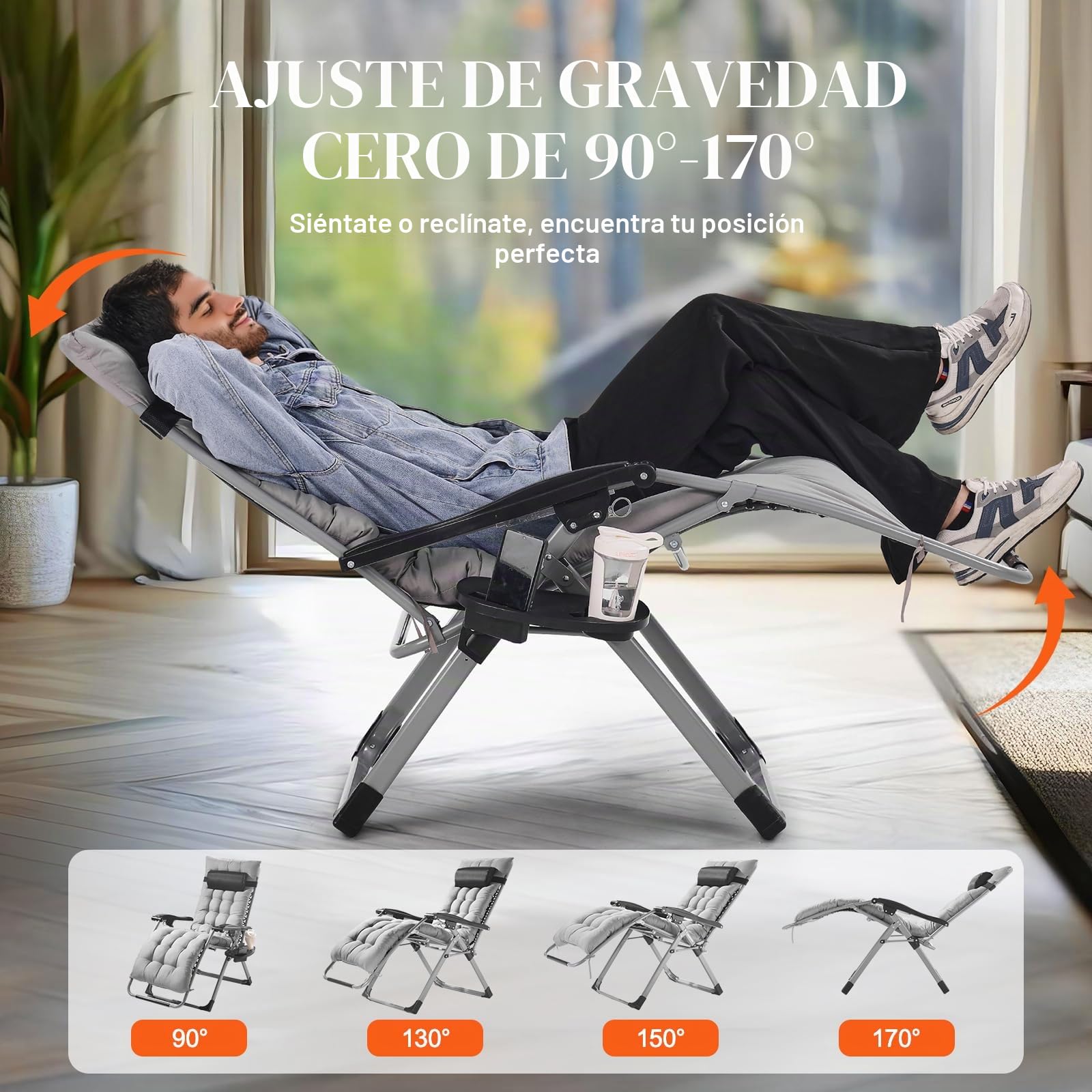 VEVOR Silla de Gravedad Cero 645 mm Sillón Reclinable para Jardín Tumbona para Terraza Capacidad de 226,8 kg Tumbona Antigravedad Ajustable con Cojín Reposacabezas Reposapiés Portavasos, Gris