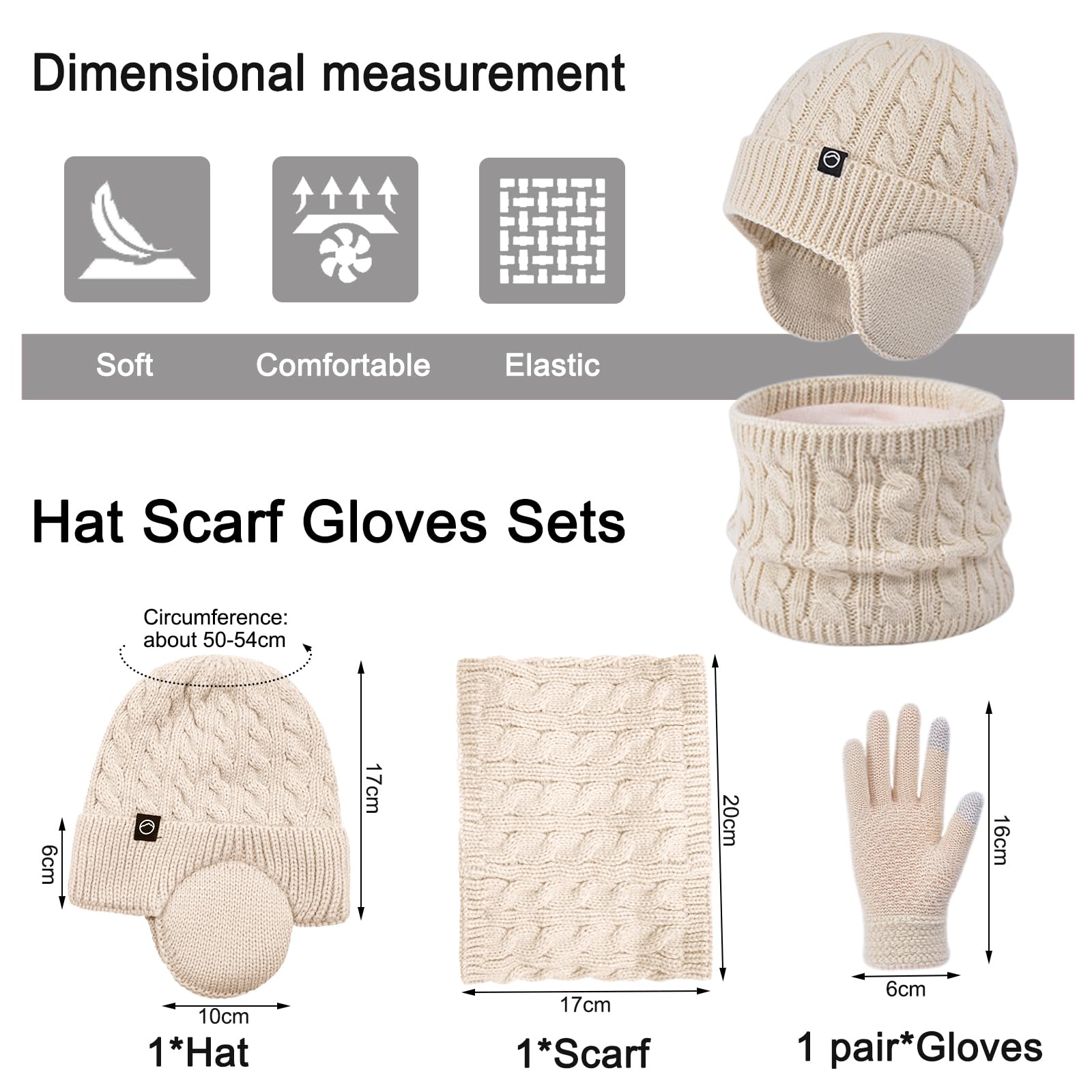 Niños Conjunto Gorro de Punto Bufanda Guantes Set 3 en 1, Invierno Cálidos Beanie con Orejeras Caliente Bufanda Pantalla Táctil Guantes para Niños Niñas 4-10 Años