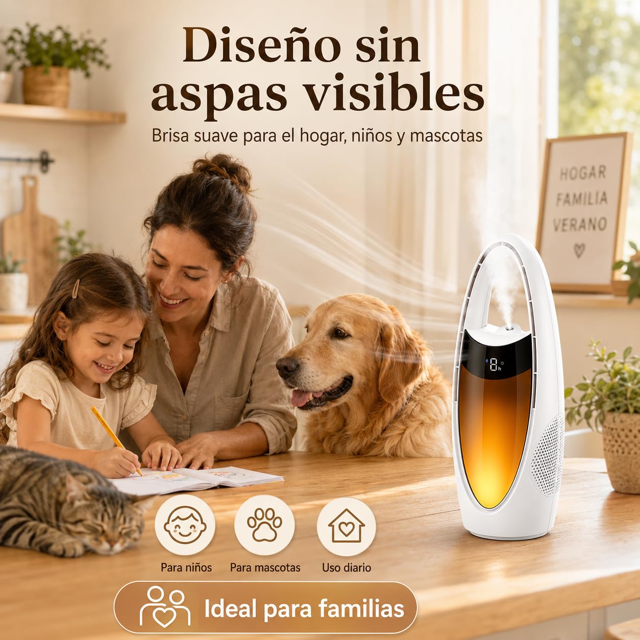 Ventilador sin Aspas con Nebulizador, Ventilador de Sobremesa Recargable 4000 mAh con Luz Nocturna LED, 9 Velocidades, Temporizador 1-9H, Oscilación 70°, USB para Dormitorio Oficina Camping (Weiß)