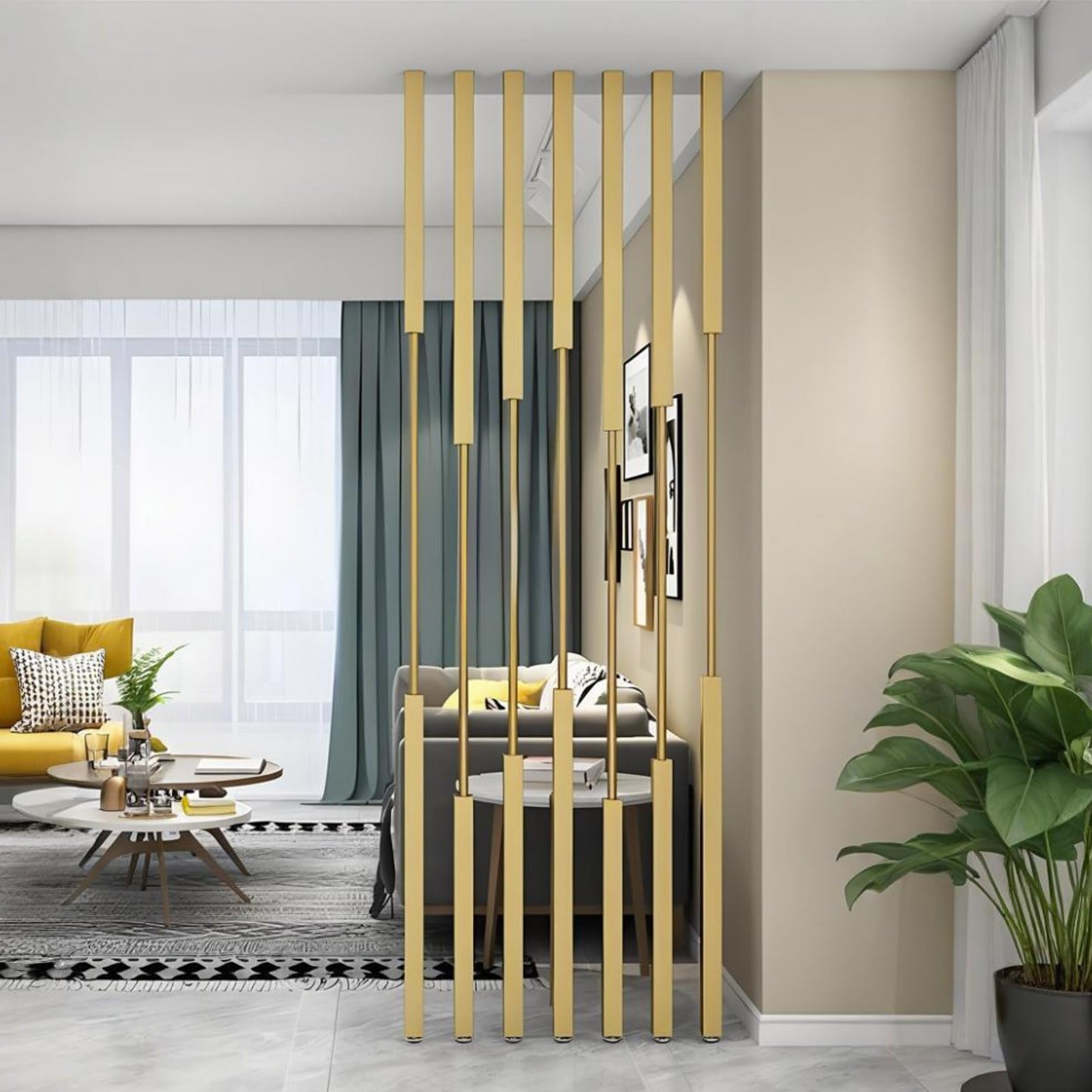 Floor to Ceiling Wall Post Partitions Screens， Room Divider Partition Multicolor 50-240cm 7 Pcs Adjustable Feet Screen(Gold,90cm/35.4in/2.95ft)