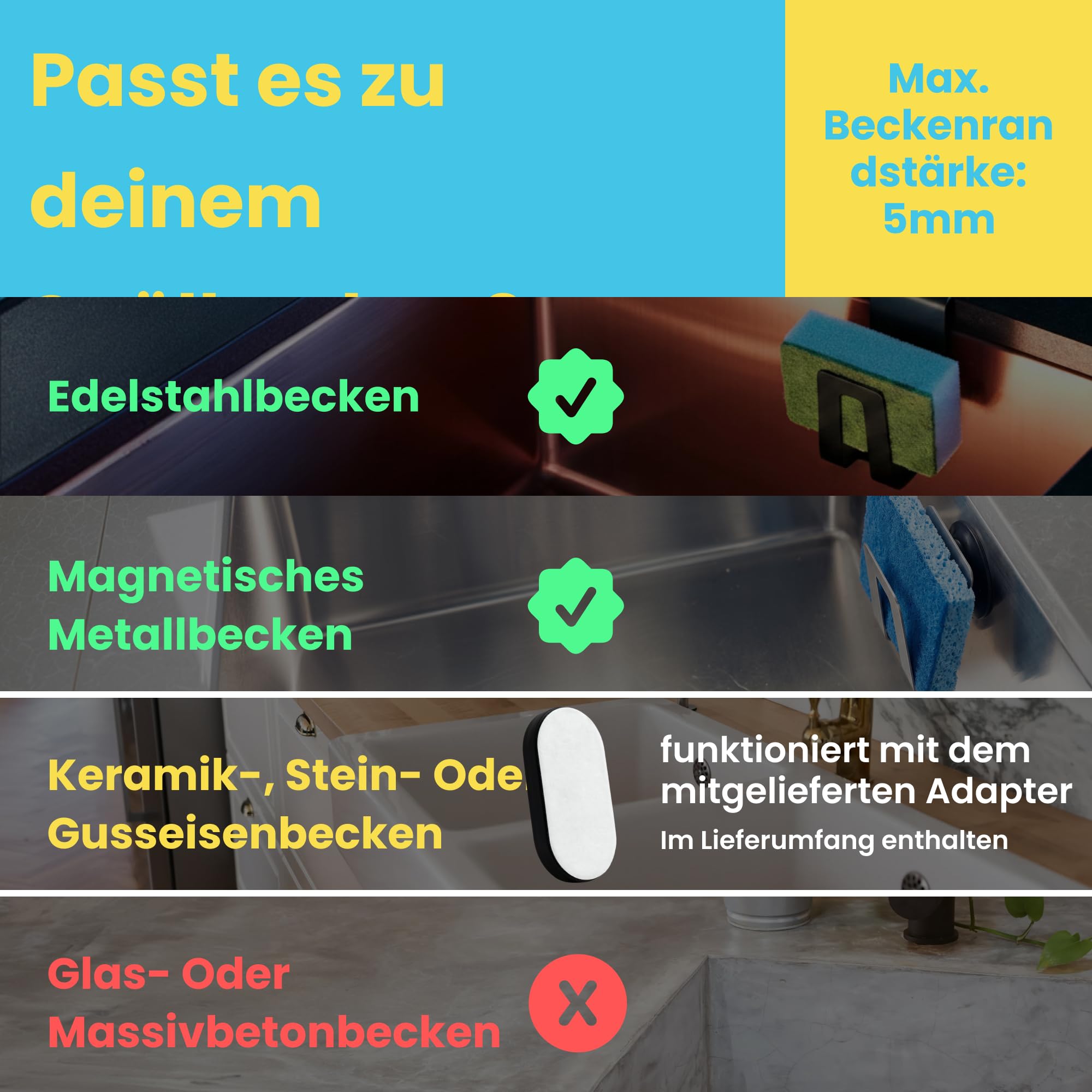 Magnetischer Schwammhalter - Biokomposit, Wandmontage - Mehr Ordnung & Spülbecken Organizer magnetisch - Einfache Montage - Magnet für Spüle - Vielseitiger Magnethalter für Schwämme