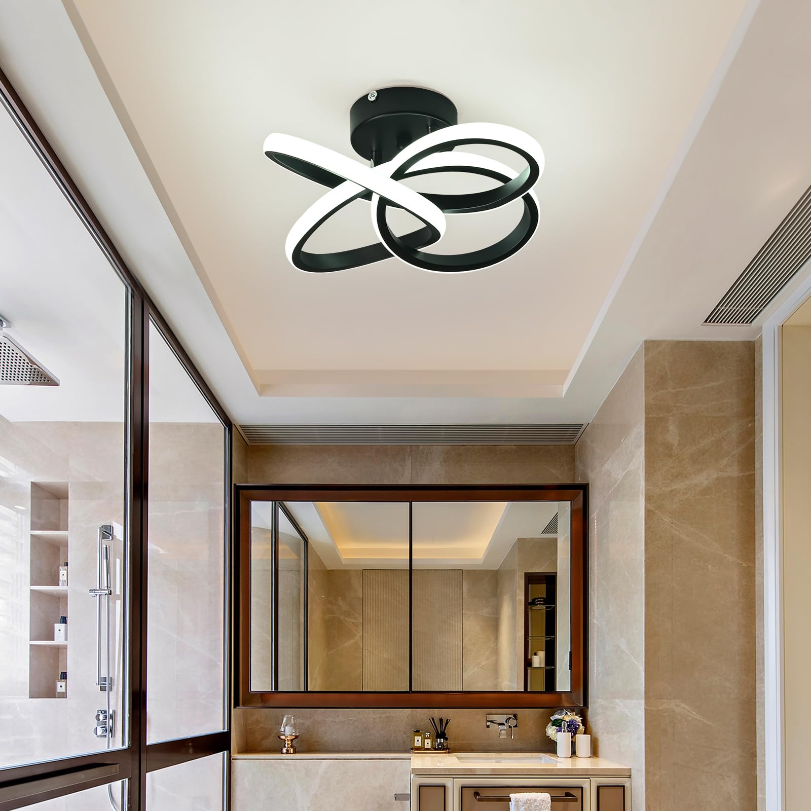 KUKAK Plafoniera LED,Lampada da Soffitto Moderna 36W 3900lm, Plafoniere Design Fiore,Lampadario acrilico Nero Soggiorno Cucina Bagno Camera da Letto Corridoio,Luce Bianco Freddo 6000K,Diametro 31cm