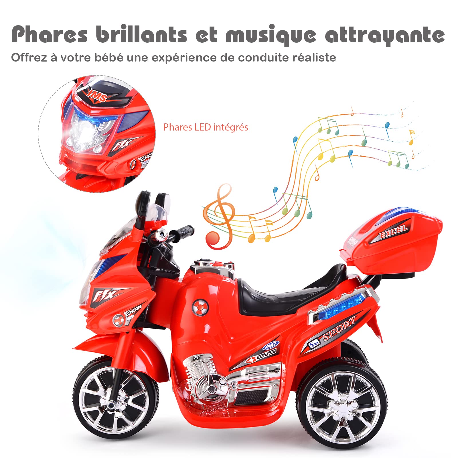 Moto électrique Costway 6V – 3 Roues, Phare LED, Musique, Rangement – 3 Km/h – 25 Kg – Pour 3-7 Ans