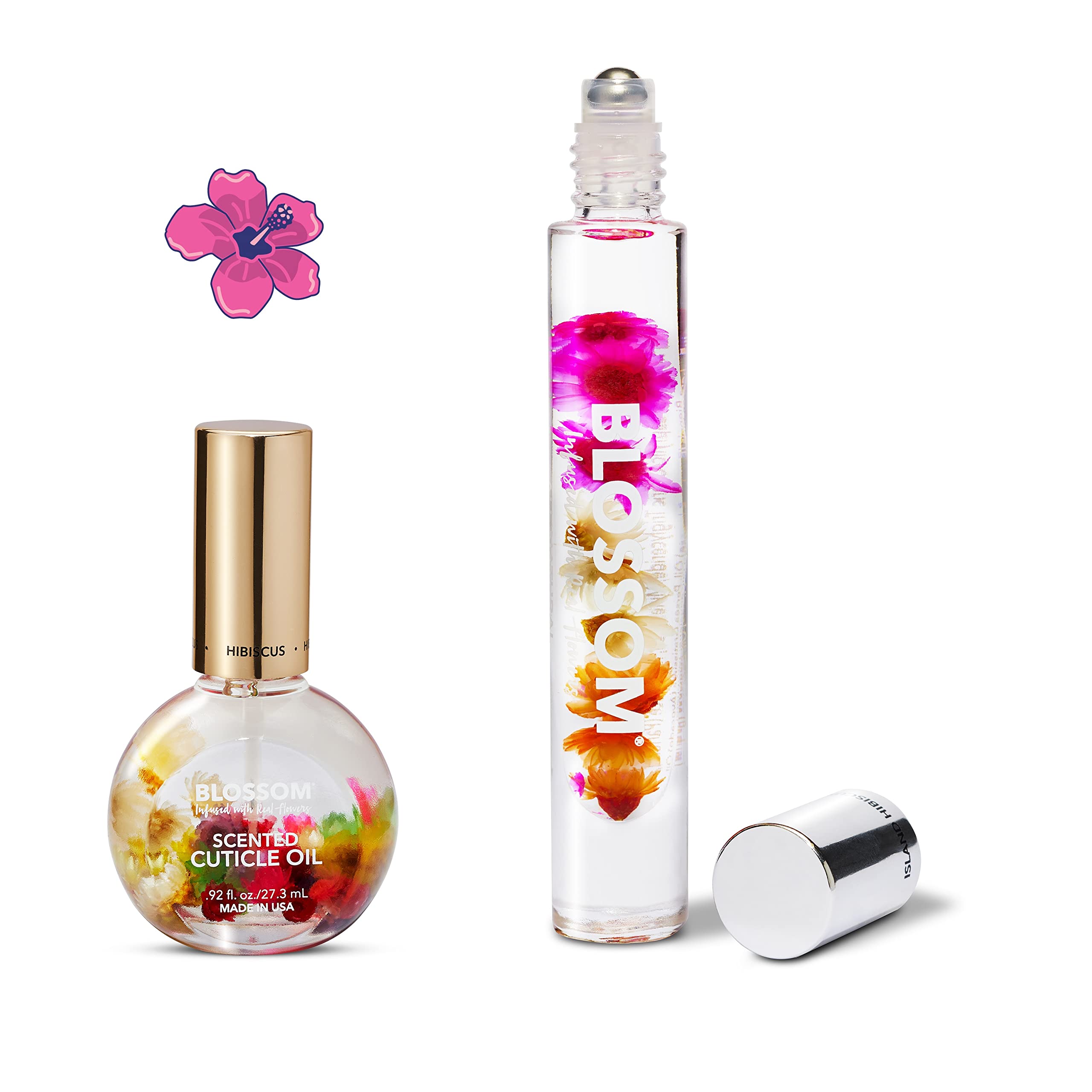 Blossom Roll on Natural Rollerball Perfume Oil + Scented Cuticle Oil, Infused with Real Flowers, Made in USA, 2 Pack Bundle, Island Hibiscus
