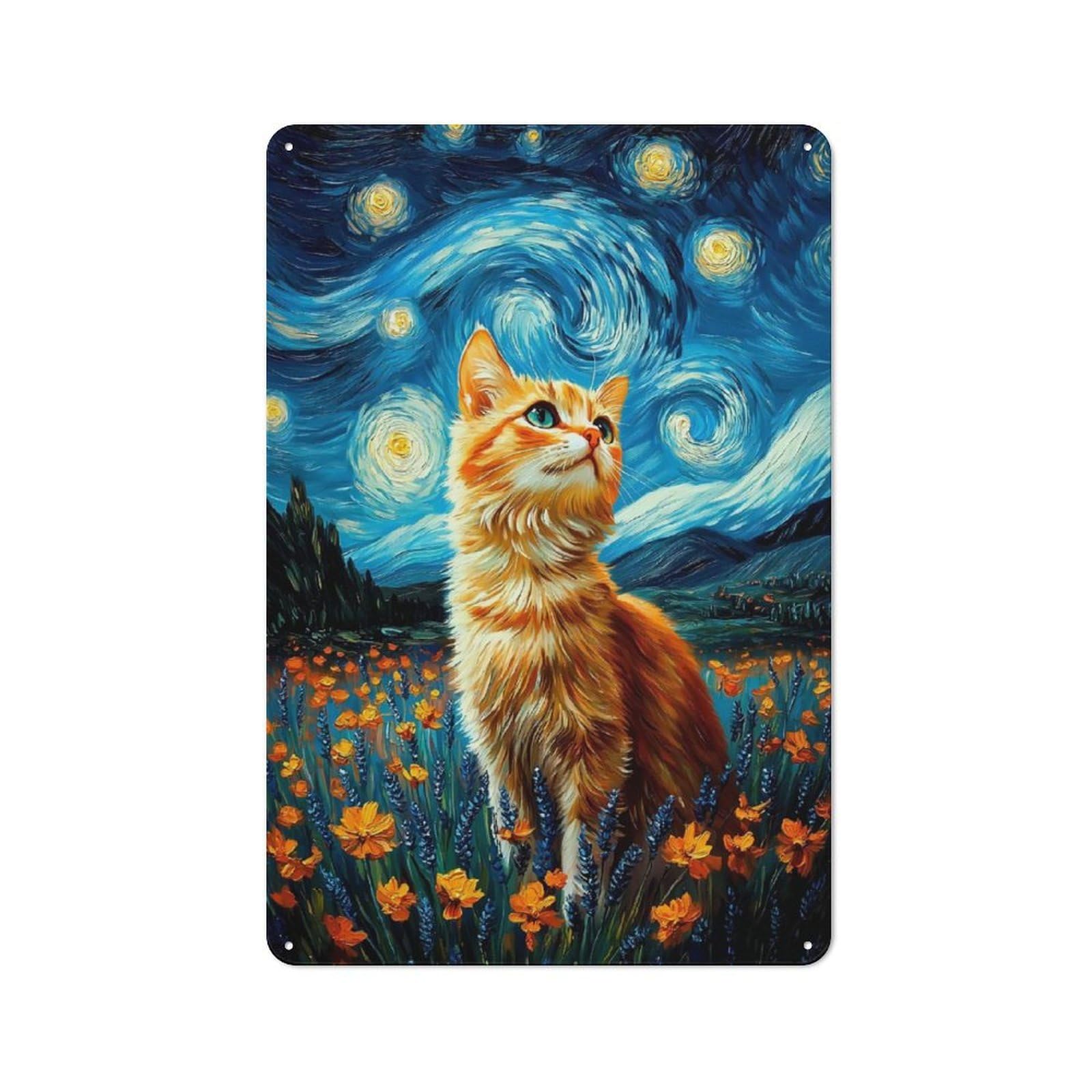 Junmoney Style-23 Game Room Cat In Starry Night Style Tin Wall Sign, Wall Decor For Office, Study, Game Room Or Hobby Space, 30X20cm