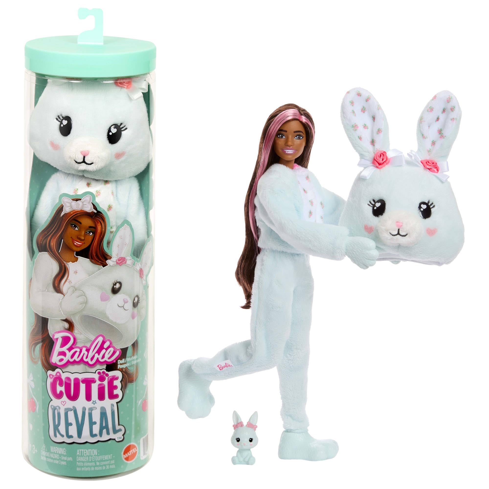 Barbie Cutie Reveal Barbie-Puppe und Zubehör, Hase der Cuddly-Reihe mit 10 Überraschungen, inklusive Farbänderung und Mini-Haustier, JJP65
