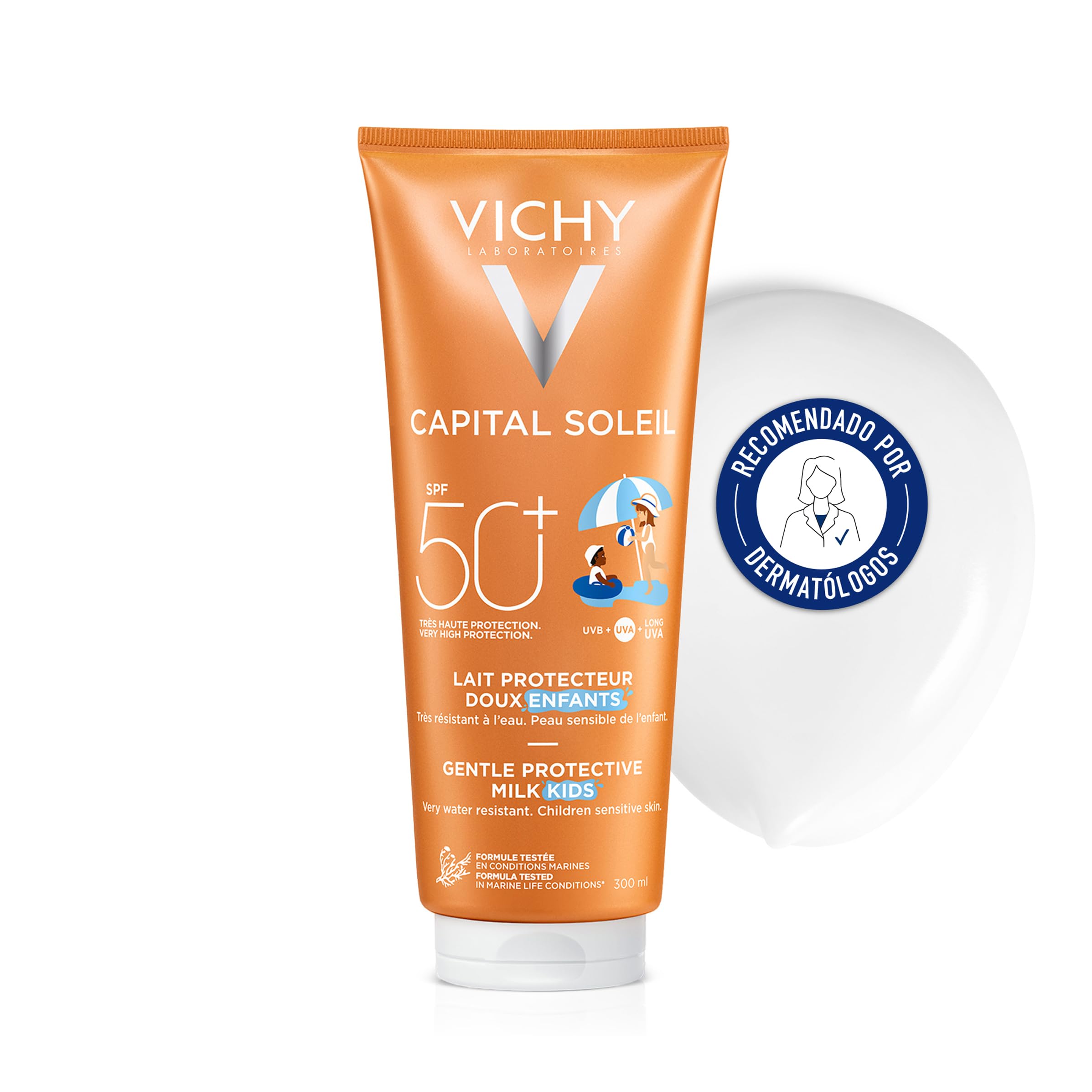Vichy Leche Protectora Solar, SPF50, Para Niños, Protección contra los Rayos UV, Resistente al Agua, Adecuada para Rostro y Cuerpo, Capital Soleil, 300ml
