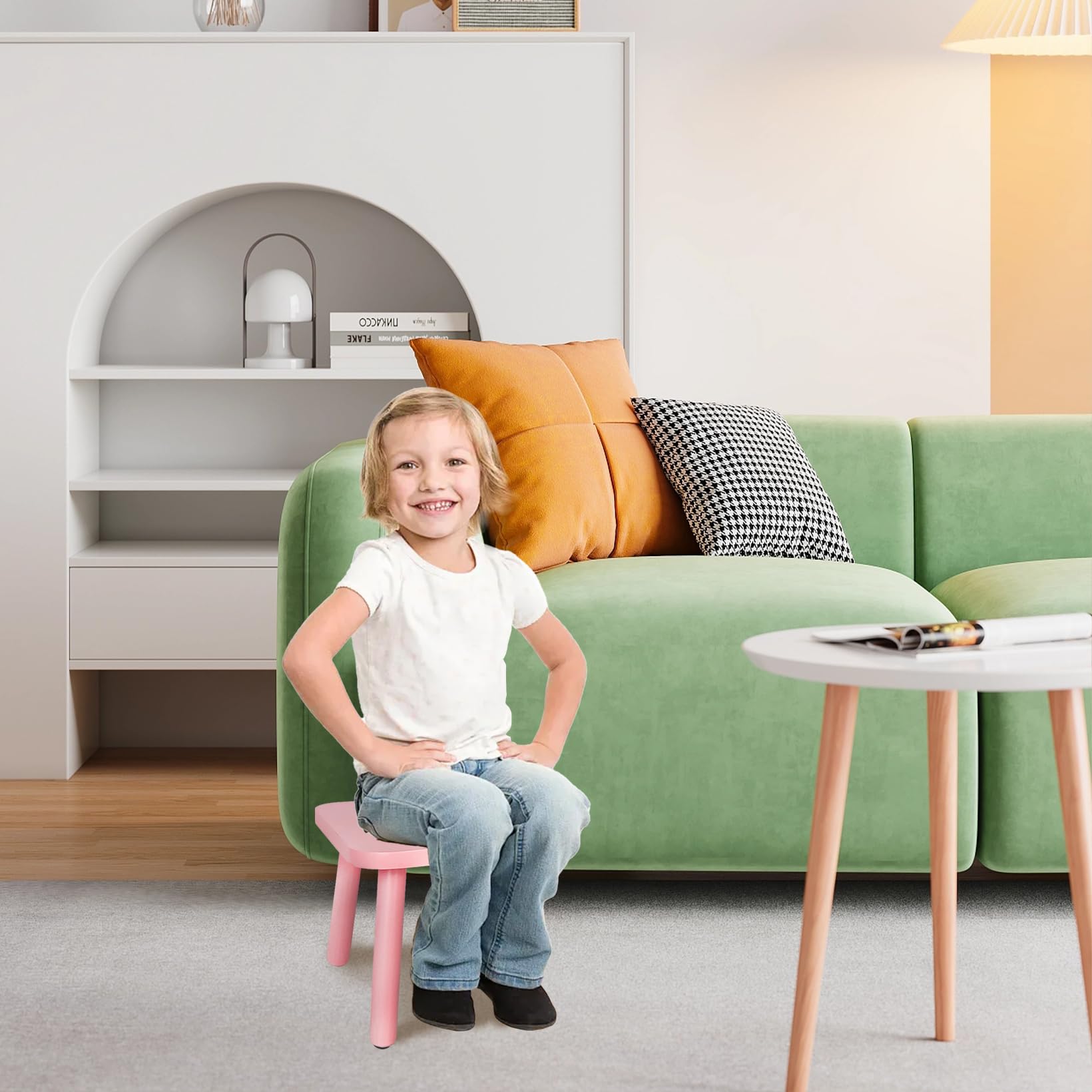 BEE&OAK Wooden Step Stools for Adults, Solid Rubber Wood Non-Slip Step Foot Stool, Heavy Duty 300 lbs One Step Stool for Bedroom, Bathroom, Kitchen (Pink, 9.25" (D) x 9.25"(W) x 8.86"(H))