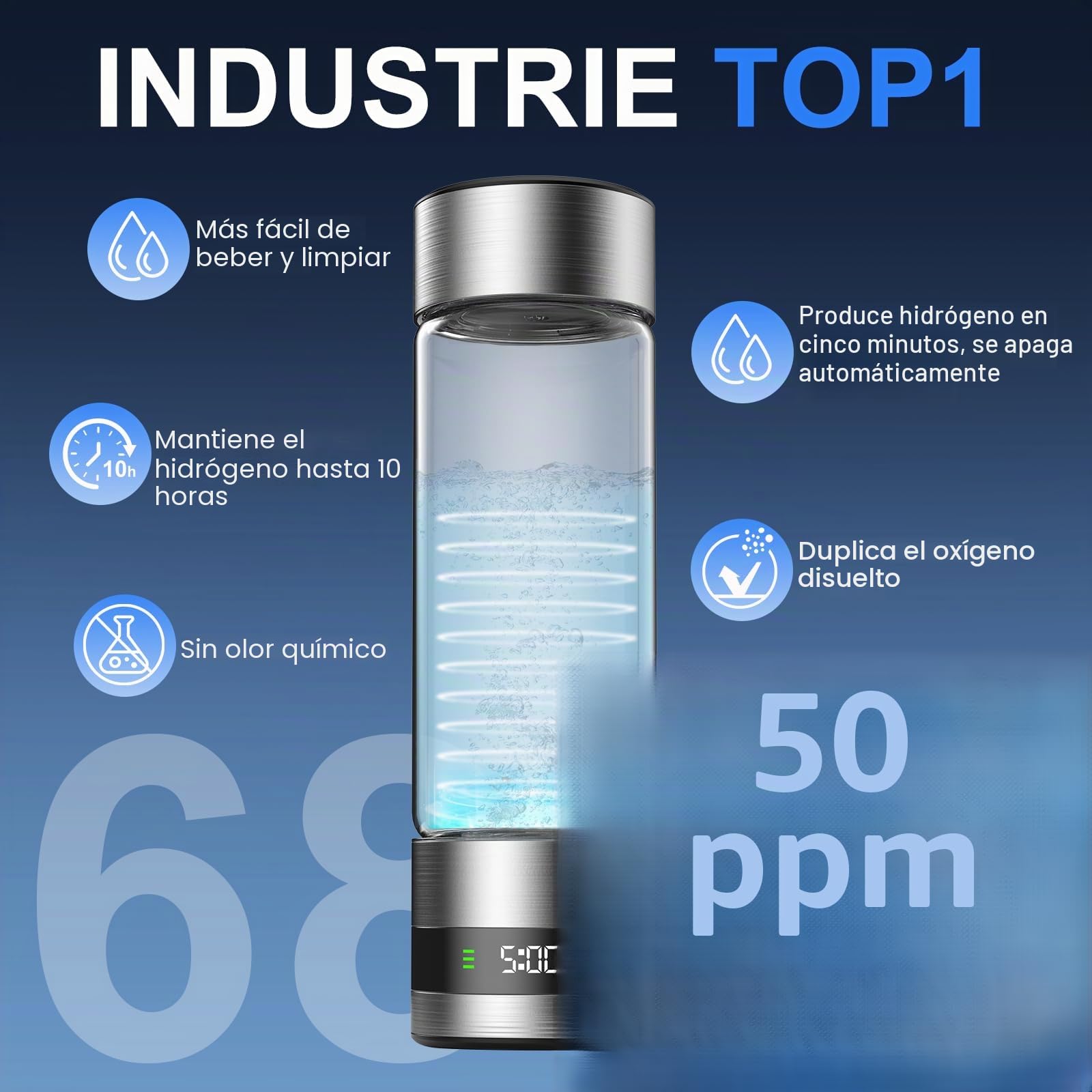 Botella de Agua Hidrogenada,Generador de Agua Hidrogenada de 450 ml | Ionizador de Agua de Hidrógeno Portátil para Deporte,Hogar,Oficina y Viajes,Generación de Agua Hidrogenada en 5 Minutos