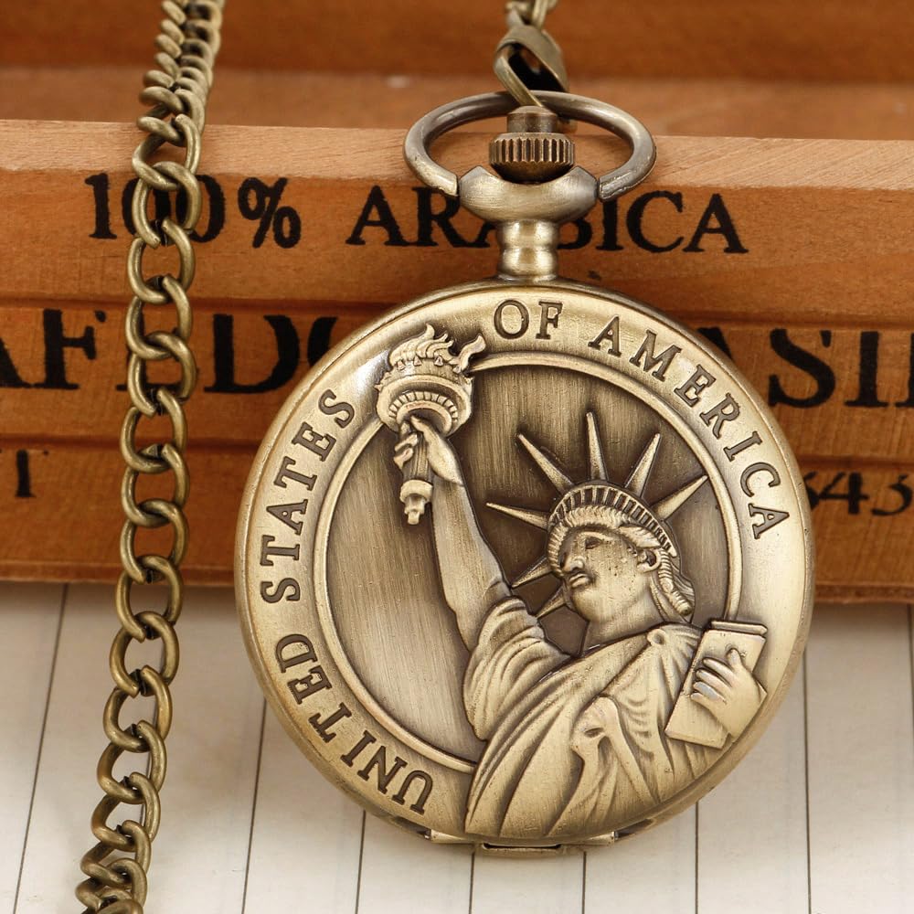 Tiong American Eagle Flag USA US Flag Patriotic 4th of July Quartz Watch with Chain Arabic Numerals Independence Day(Bronze renju)