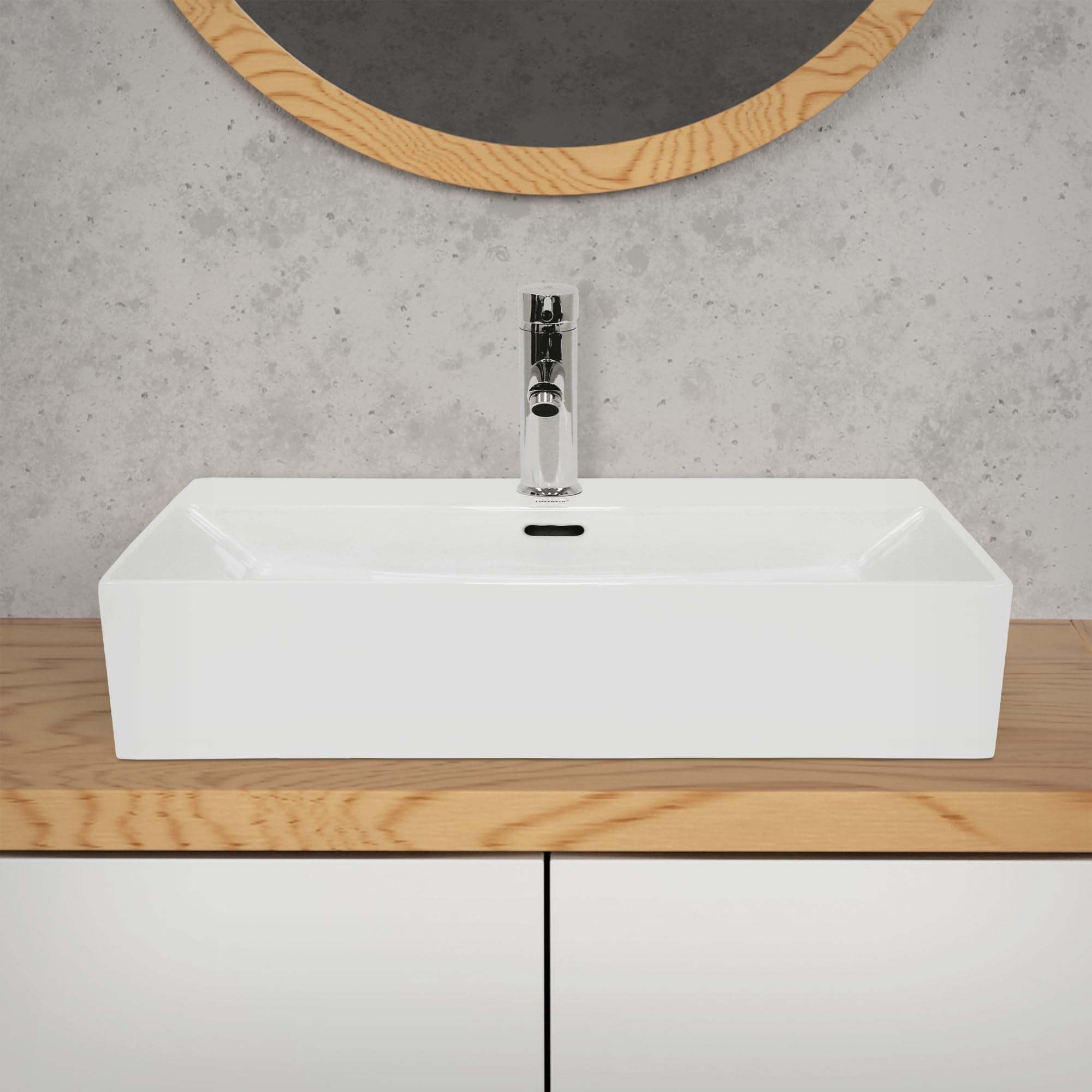 ECD Germany Lavabo da Appoggio in Ceramica Bianco Lucido Rettangolare 605x365x130 mm Design Moderno Lavello Lavandino Lavamano Bacinella per Ospiti Sanitari Rubinetteria per Bagno Casa