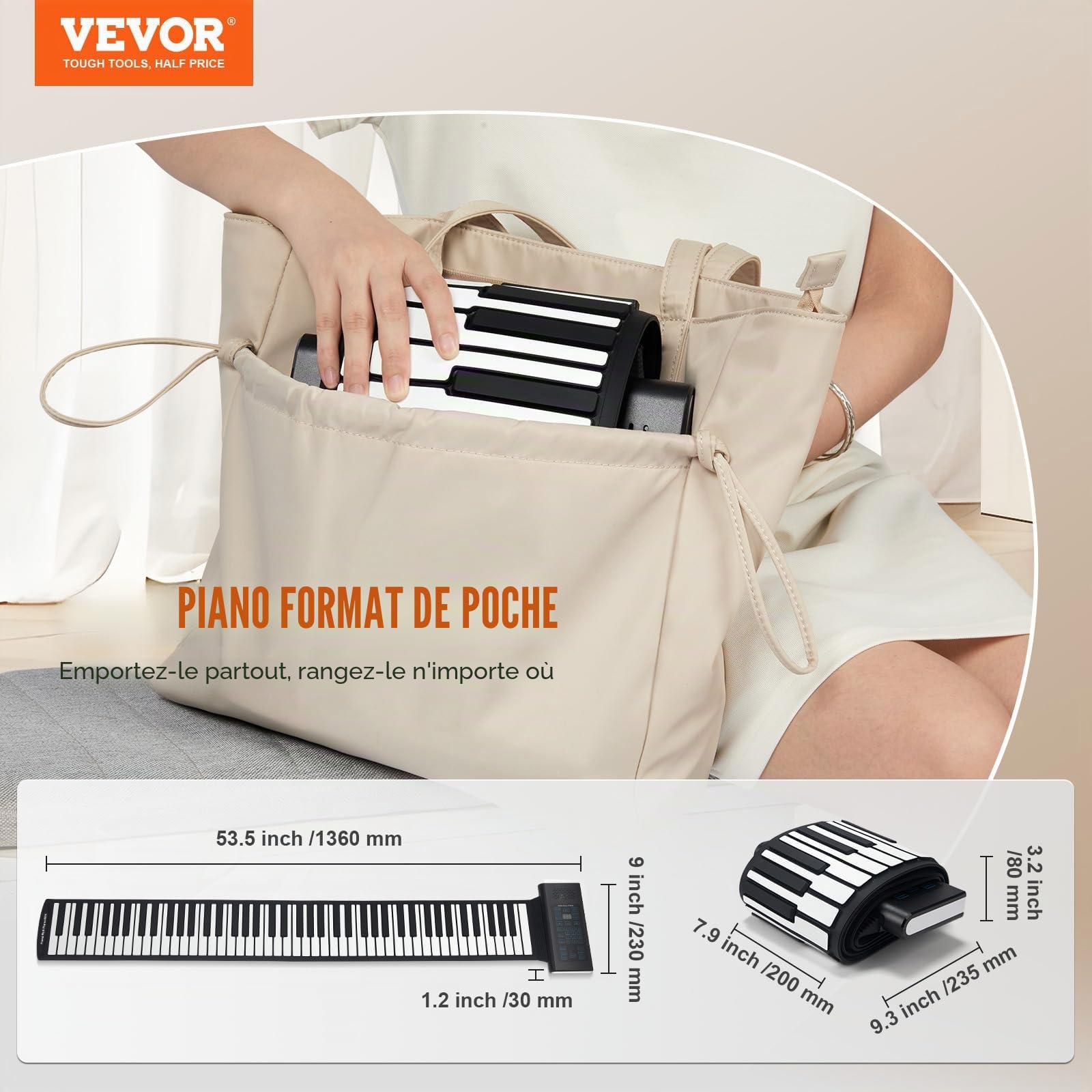 VEVOR Clavier Piano Enroulable 88 Touches, 128 Rythmes et 128 Tons, Piano Numérique Rechargeable Portable avec Haut-parleur 2 W, Ecran LED, 5 Ports, Fonction MIDI, pour Enfants, Débutants, Adultes