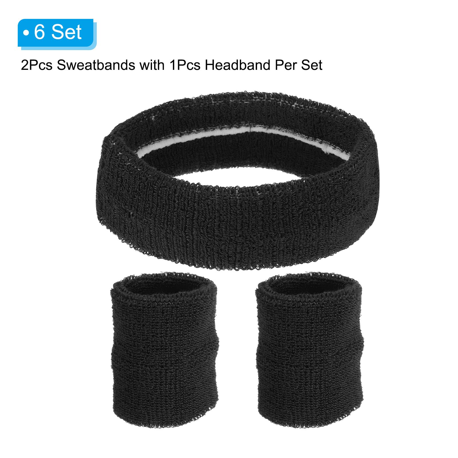 PATIKIL Sweatbands Headband Wristband, 6 Set/18Pcs Sweatband Terry Cloth for Sports Basketball Tennis Athletic Gym Working Out, Black - Image 3