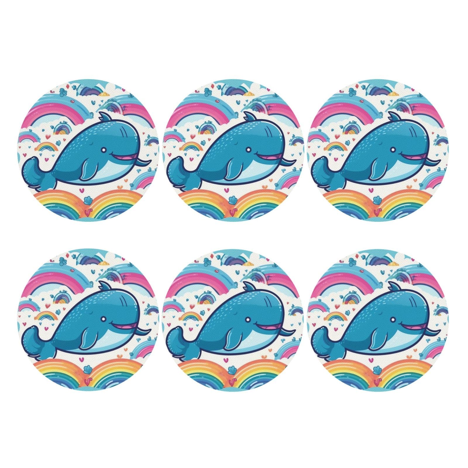 6pcs Leather Coasters for Drinks, Cartoon Whale and Rainbow Drink Coasters for Tabletop Protection, 4" Cup Coasters for Coffee Table Decor, Non-Slip Drinking Cup Mat for Hot Or Cold Drink
