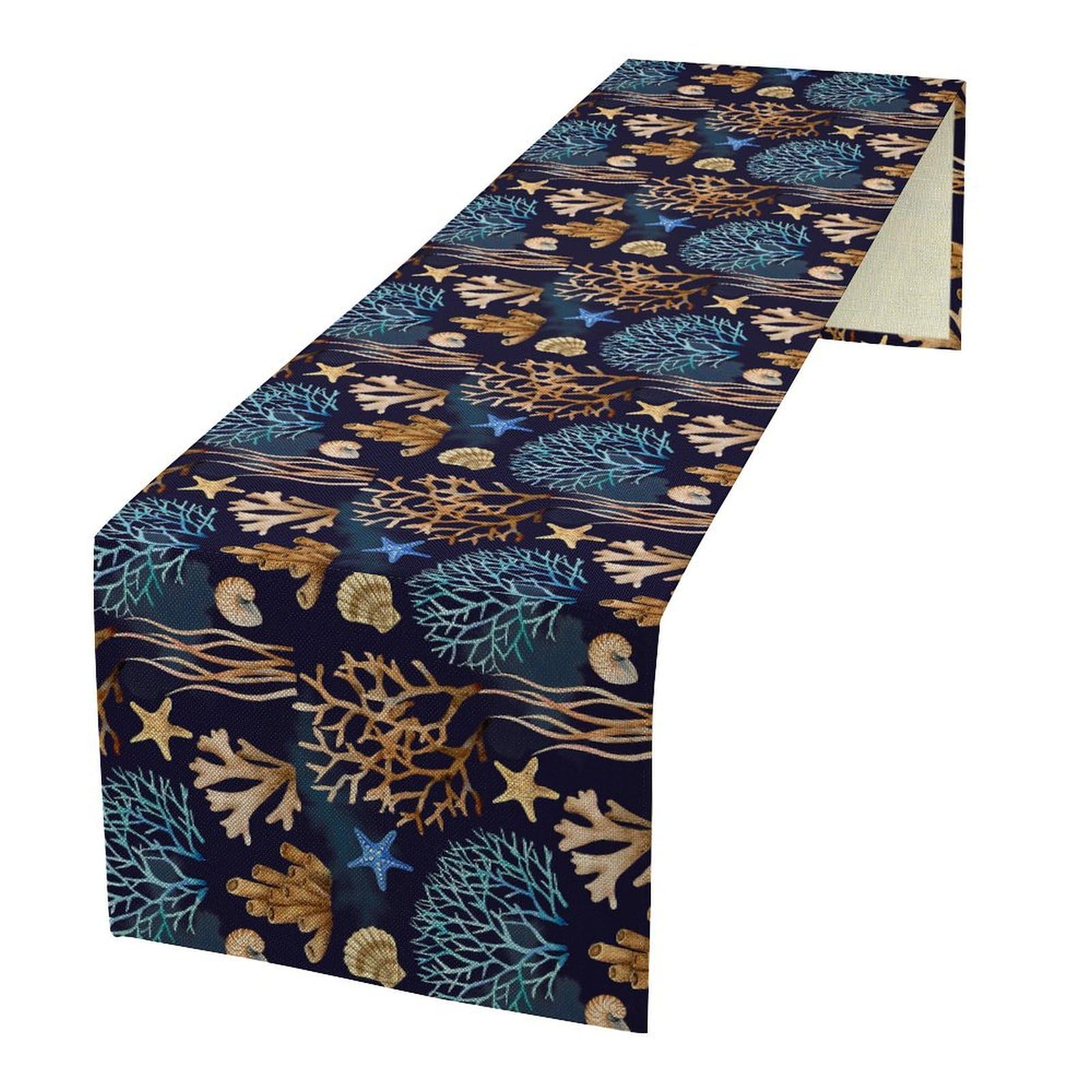 ShiTingYu Ocean Coastal Table Runner, Coral Shell Starfish Seaside Nautical Beach Navy Blue Table Runners Table Runner for Kids Boys Girls Bedroom