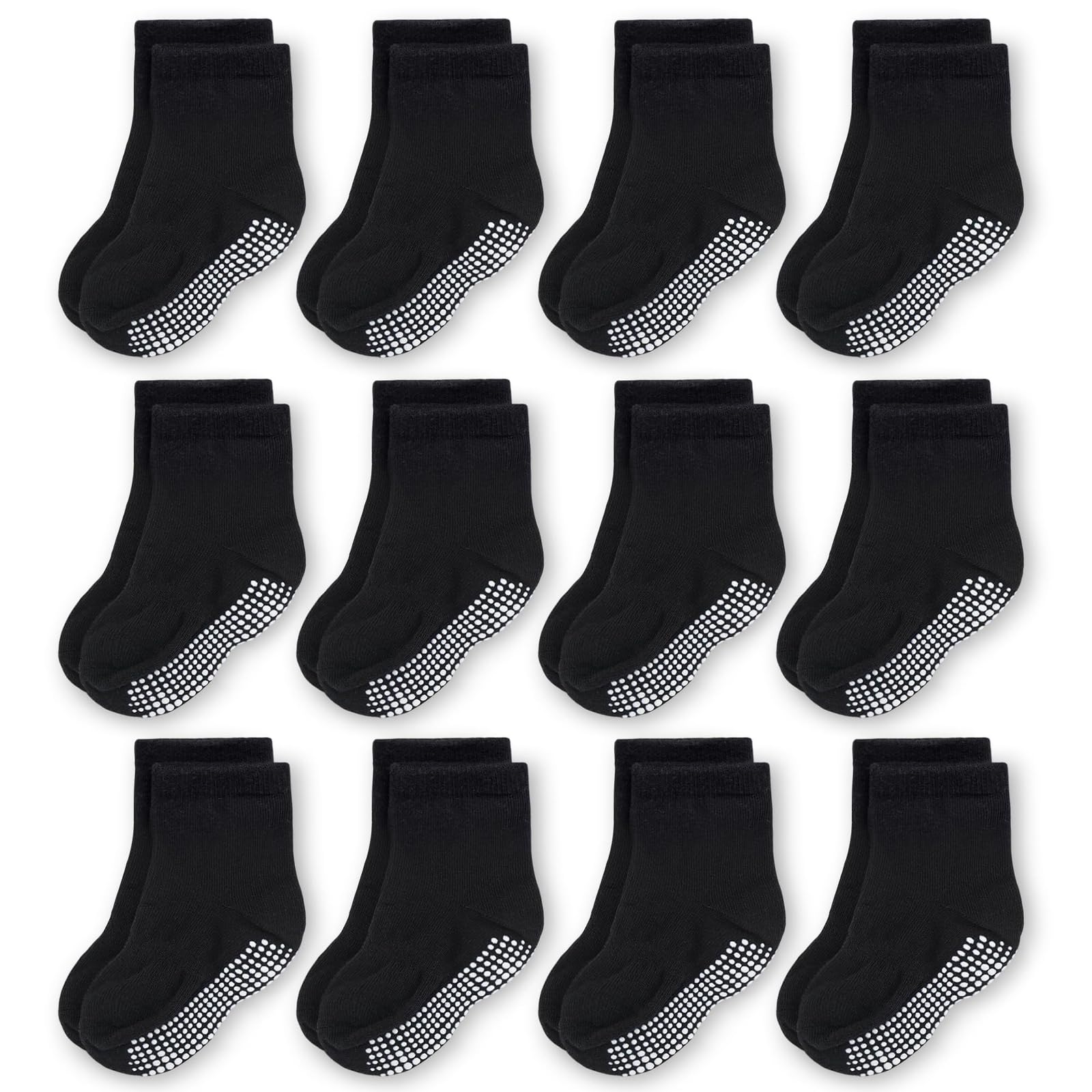 Cozyway Men's Black 12 Pairs Non Slip Baby Socks Toddler Socks 12 Pairs With Grip For Boys Girls Baby Infants Kids Anti Skid Cotton Crew Socks 0-6 Months