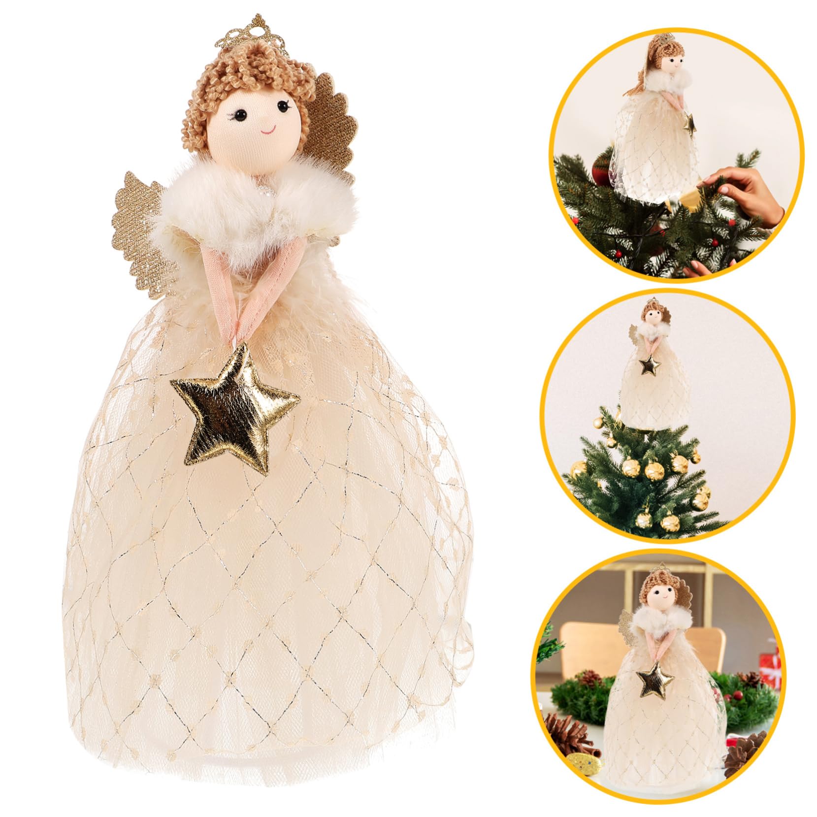 Adorno Topper De Árbol De Navidad Estrella Dorada, Figura Pequeña De Ángel Decorativa Tejido Flexible, para Uso Interior y Exterior, Decoración Navideña y Obsequio Festivo