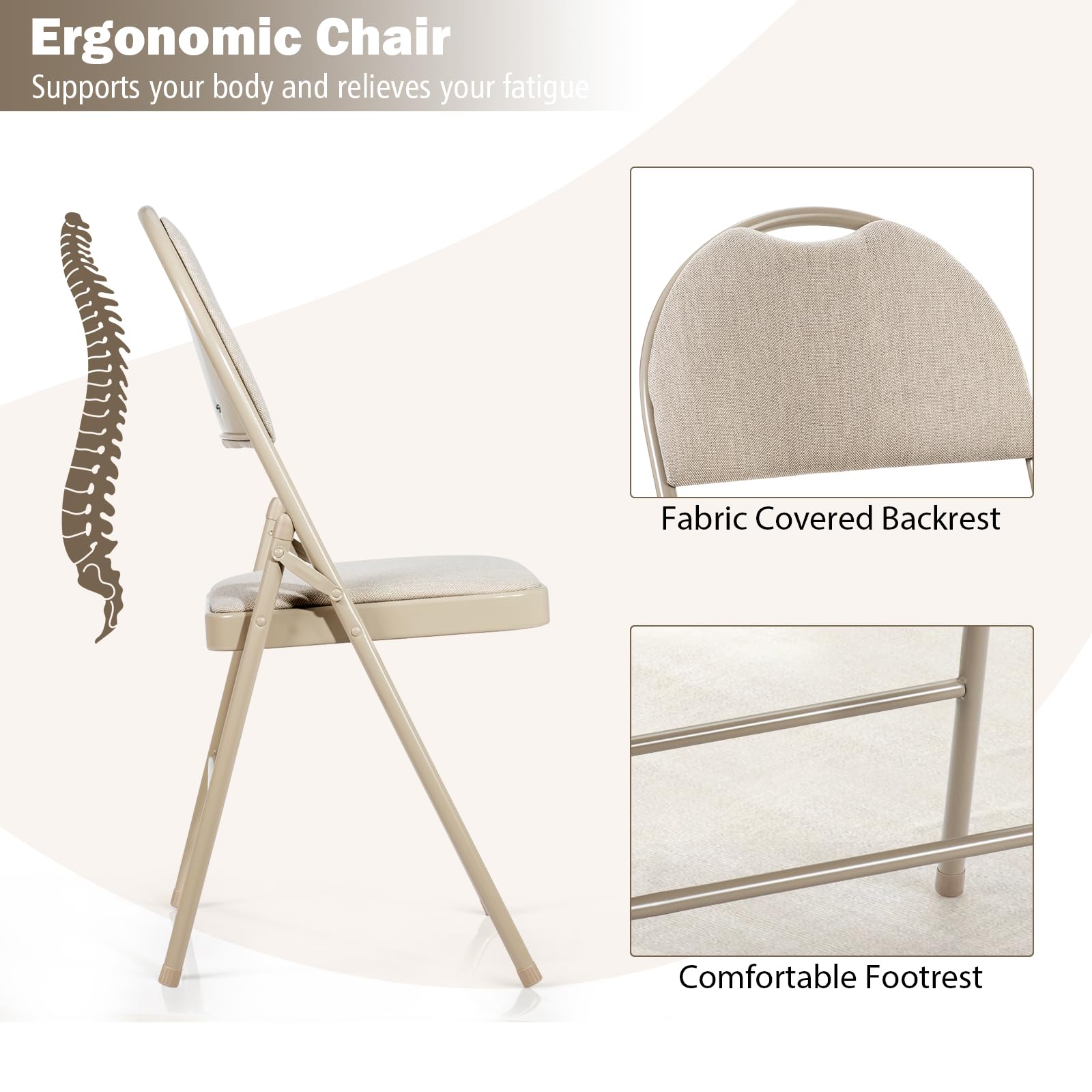 HOMASIS Set di 4 sedie pieghevoli, da cucina con schienale e manico, con struttura in metallo, pieghevole, portata fino a 120 kg, per sala da pranzo, soggiorno, ufficio (beige)