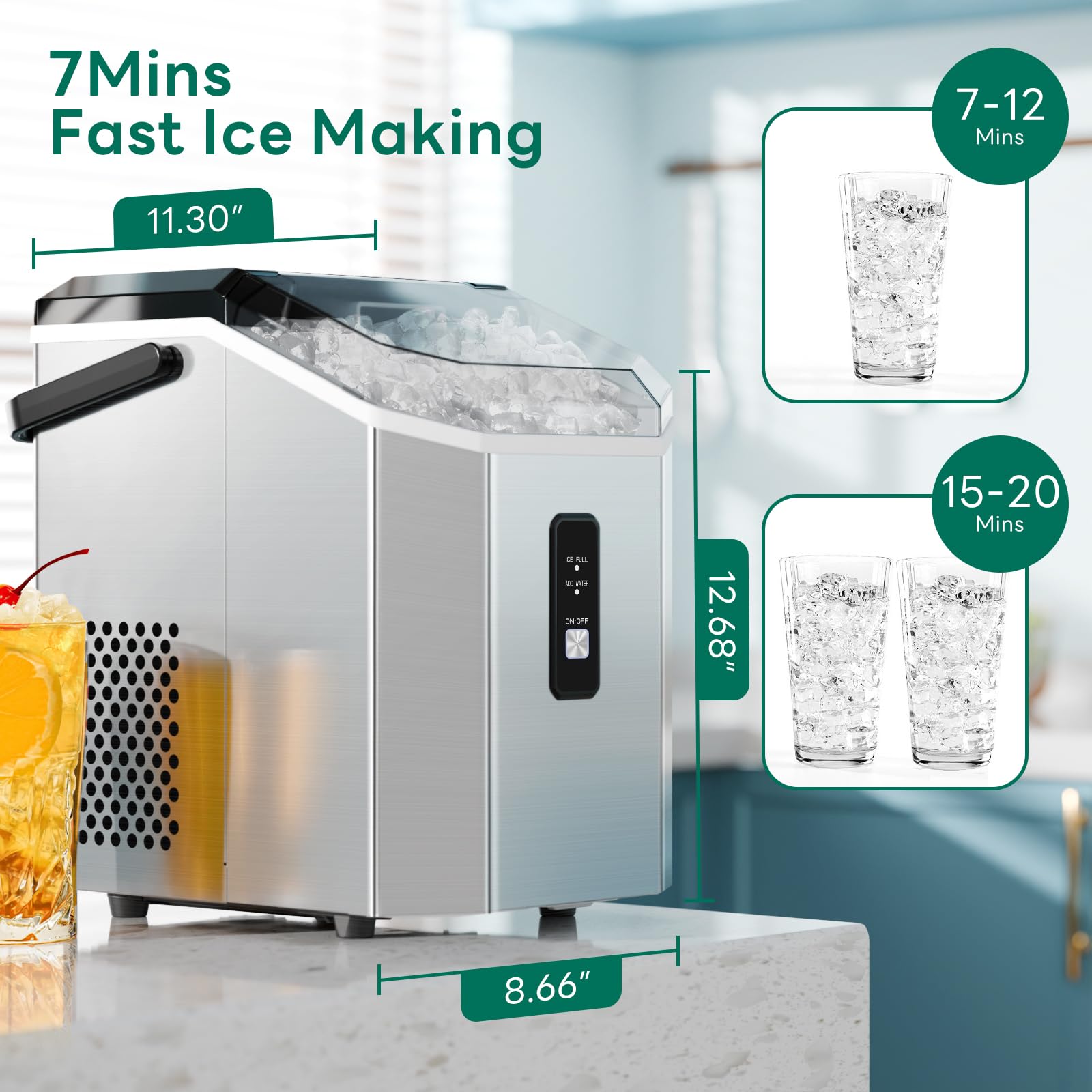 Zafro Nugget Ice Maker Machine, Stainless Steel, Portable Ice Maker With Handle,Slef-Cleaning, 35.5lbs/24h, 7mins Ice Making,With Ice Basket/Ice Scoop/Handle/User Manual, Silver on Fridge.com - View 4
