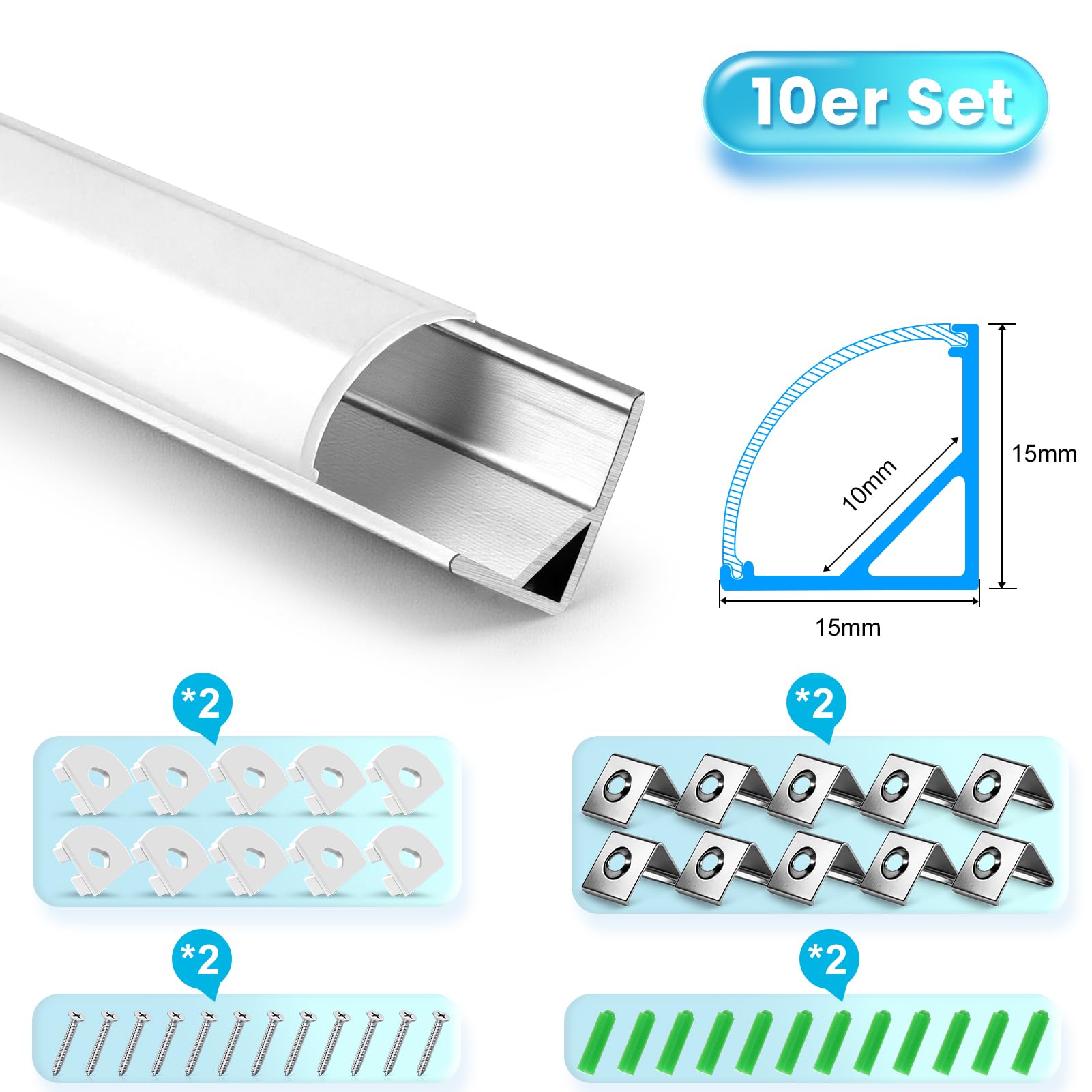 Zestaw 10 profili aluminiowych LED, srebrny kanał aluminiowy LED w kształcie litery U z mlecznobiałą pokrywą, zaślepkami i klipsami montażowymi, aluminiowy profil wytłaczany do taśm LED V02