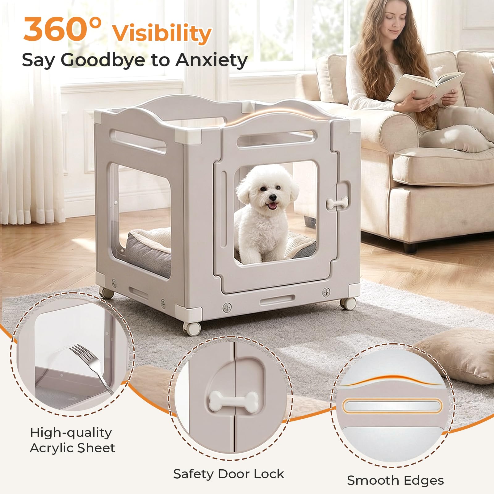 MAMIZO Parque para Perros Acrílico 63 × 68 cm, Recinto Perros con Ruedas | 3+1 PCS Paneles Caja de Parto para Animales con Alfombra Impermeable y Base, Gris Cálido