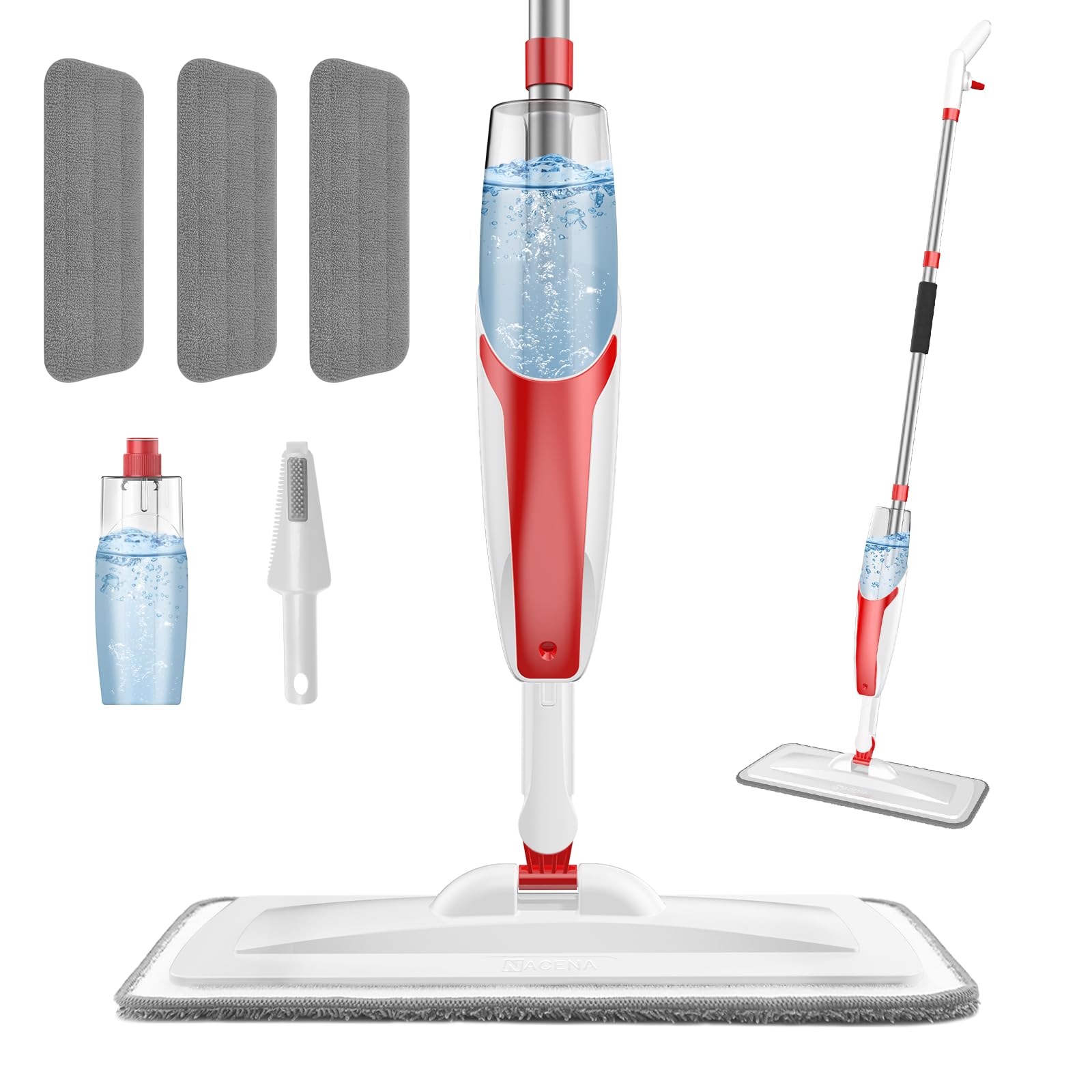 nacena Spray Mop for Floor Cleaning, Dust Mop with 420 ml Refillable Bottle and 3 Pcs Washable Pads Dry Wet Floor Mop for Household or Commercial Use for Hardwood Laminate Tile Ceramic, Red&White