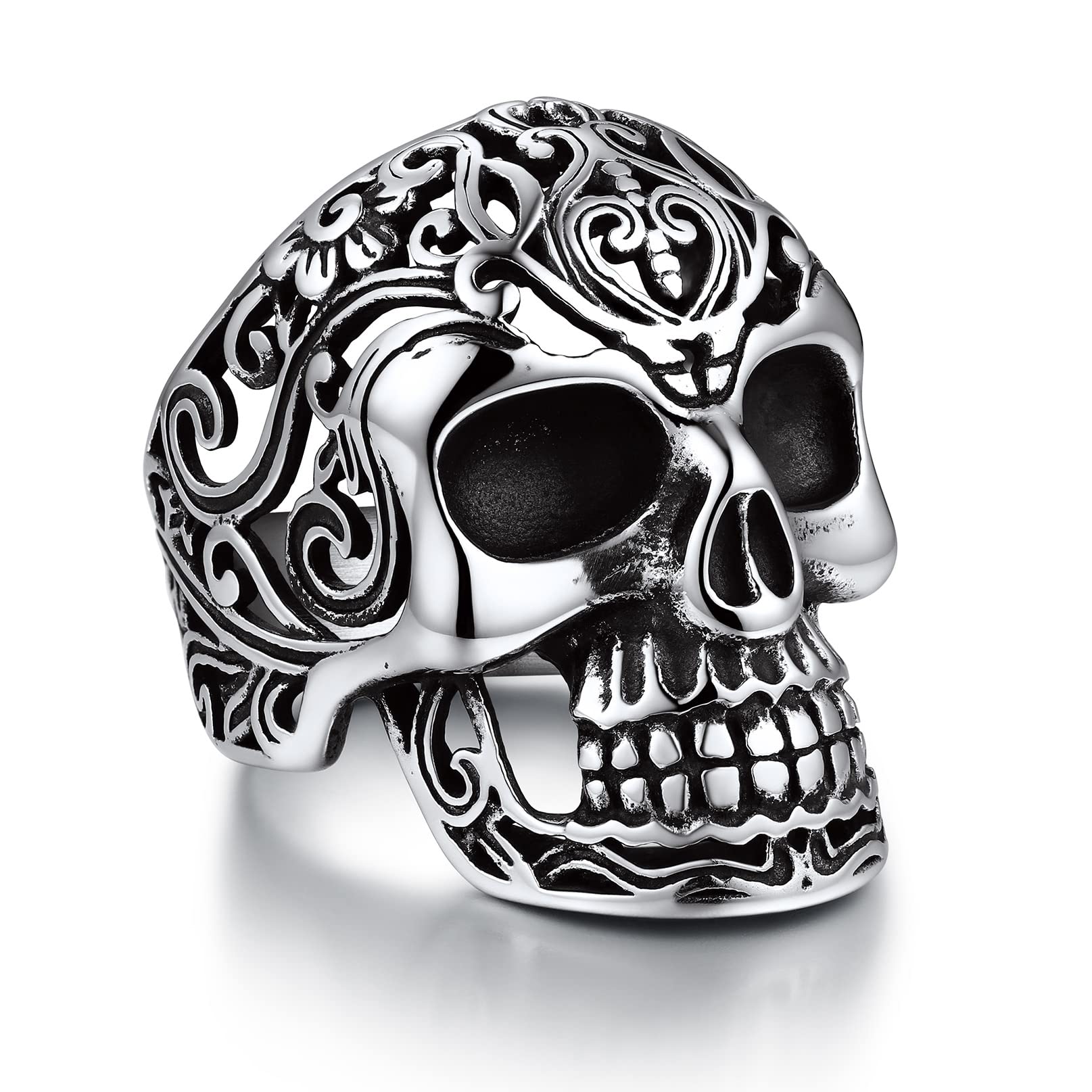 BandmaxMens Skull Rings, Stainless Steel Skull Skeleton Band Rings for Men Women Gothic Punk Biker Rings Size 7-14Recycled Claim Standard Blended