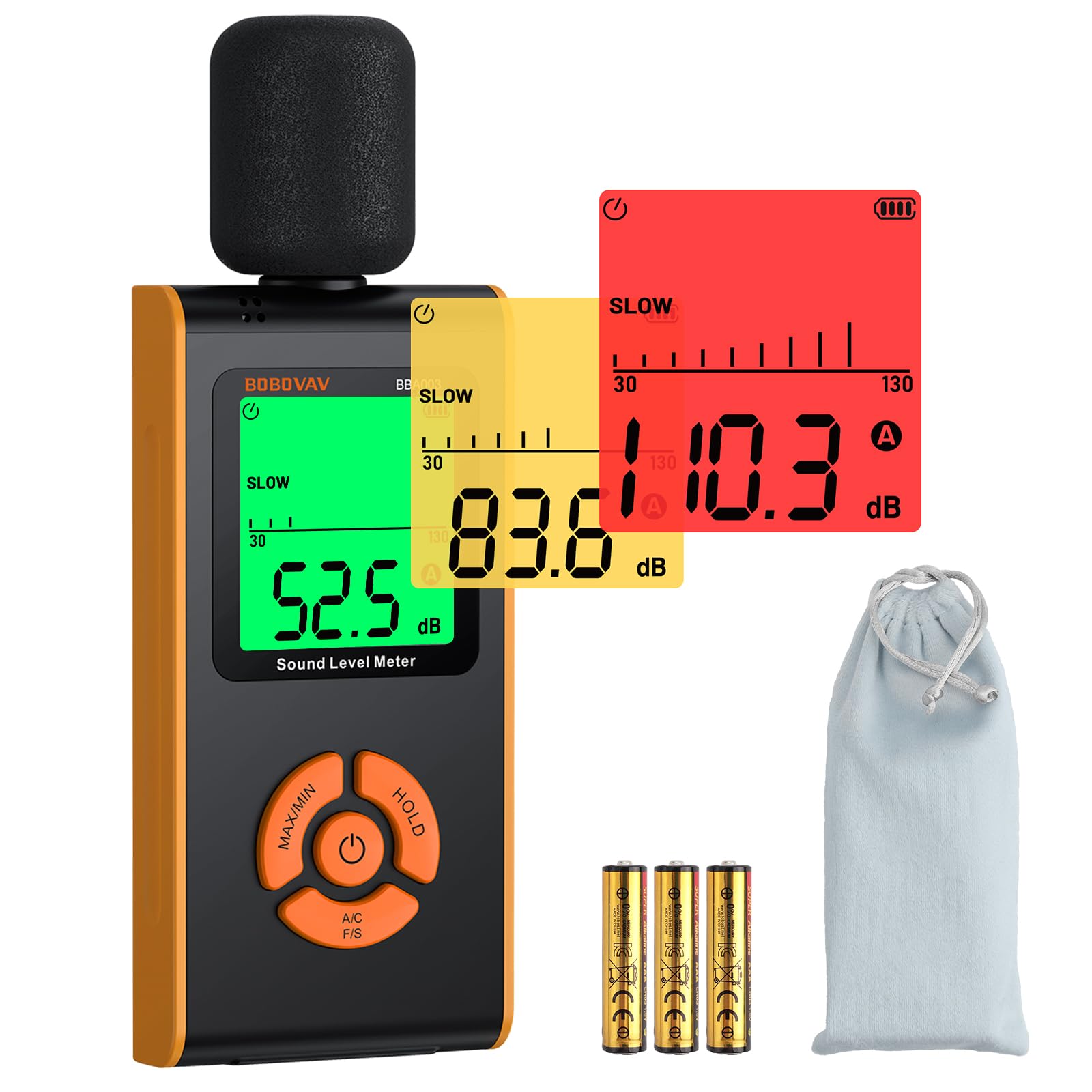BOBOVAVC Sound Level Monitor, 30-130dB High Accuracy, A/C Weighted, Fast/Slow Response, Backlit LCD, Portable for Home Factory Office School