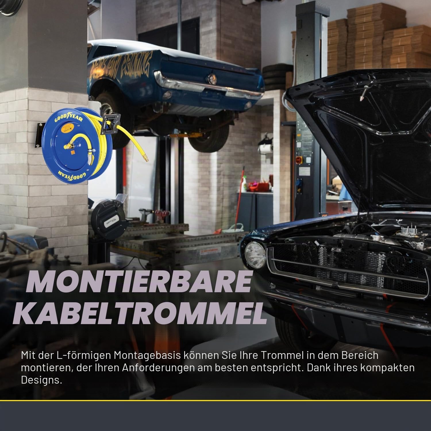 Goodyear Schlauchtrommel Stahl Einziehbare Air Compressor Schlauchaufroller mit 9,5mm × 15m schlauchaufroller automatik Luftschlauchtrommel