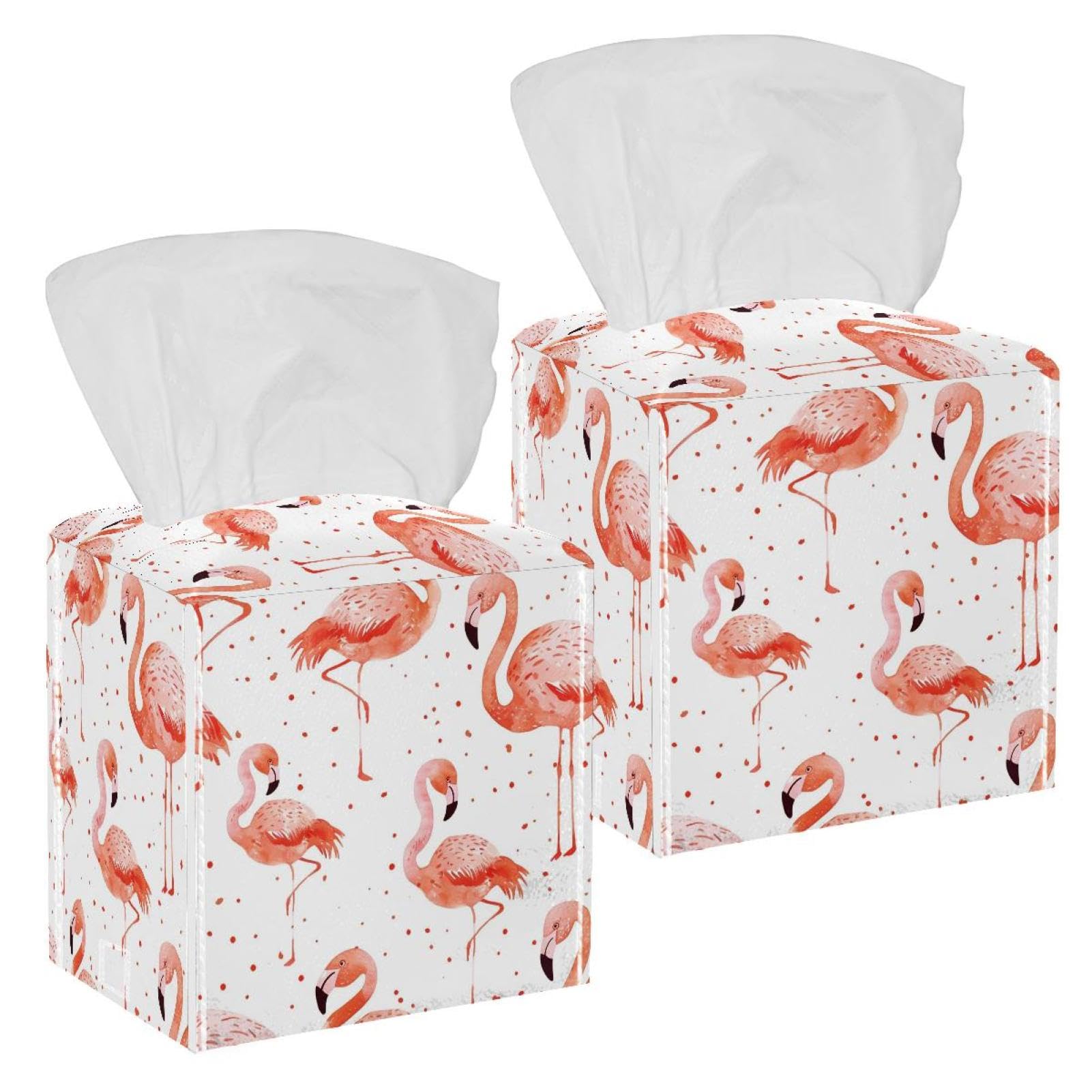 Flamingo Tissue Box Cover, 2 Pack PU Leather Square Facial Tissue Dispenser Box holder for Home Office Car