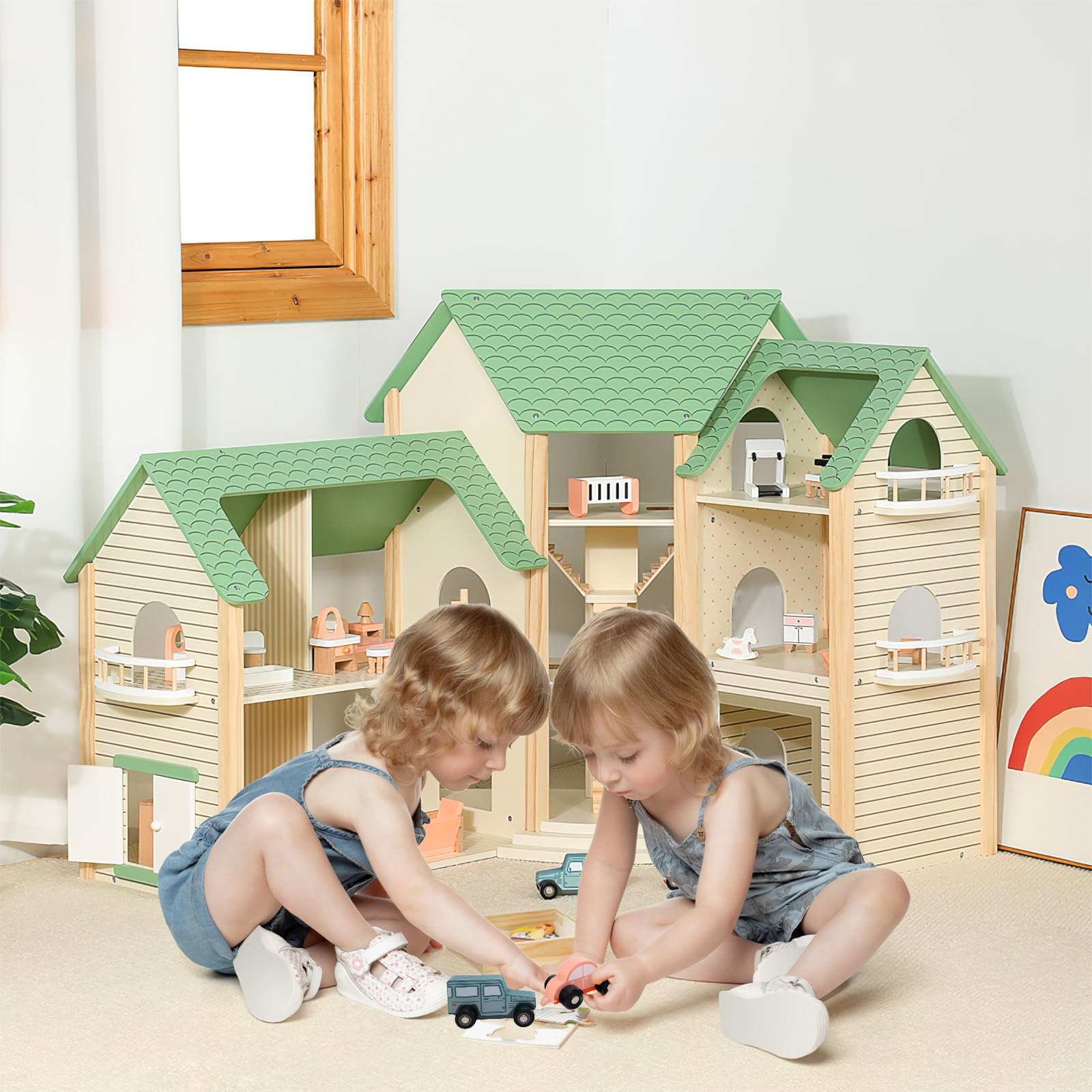 GOPLUS Puppenhaus aus Holz, Dollhouse mit 36-teiligem Zubehör, Traumhaus mit 6 Zimmern, eingebauten Treppen & Balkonen & Garage mit 2 Spielzeugautos für Mädchen ab 3 Jahren (Model 1)