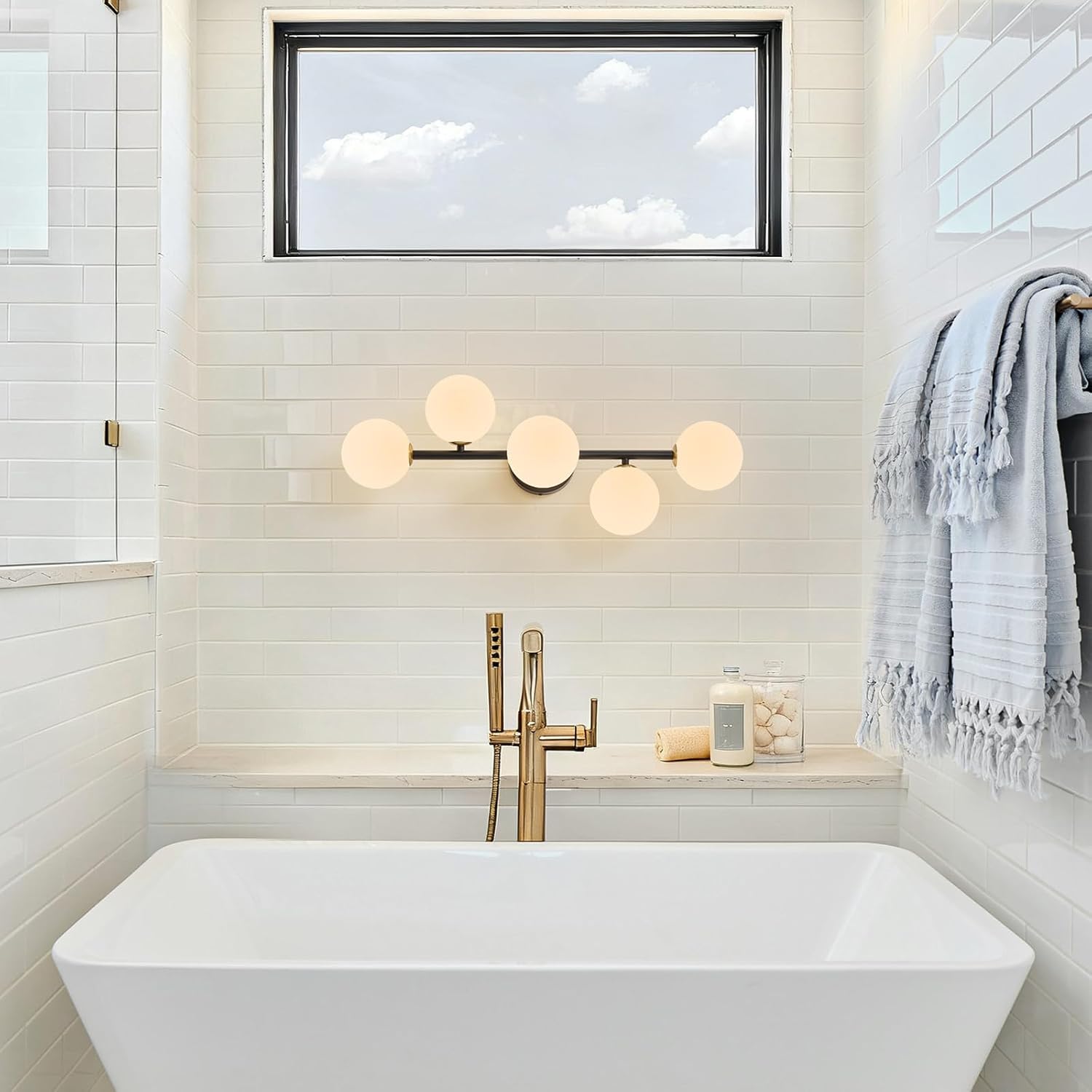 Bathroom Vanity Mirror Light Fixtures: 5 Lights Bath Wall Sconce Lighting - Brass Black Vanity Lights with Milk Glass Shade - Modern Minimalist Makeup Light Fixture Above Mirror for Hallway G9 Base