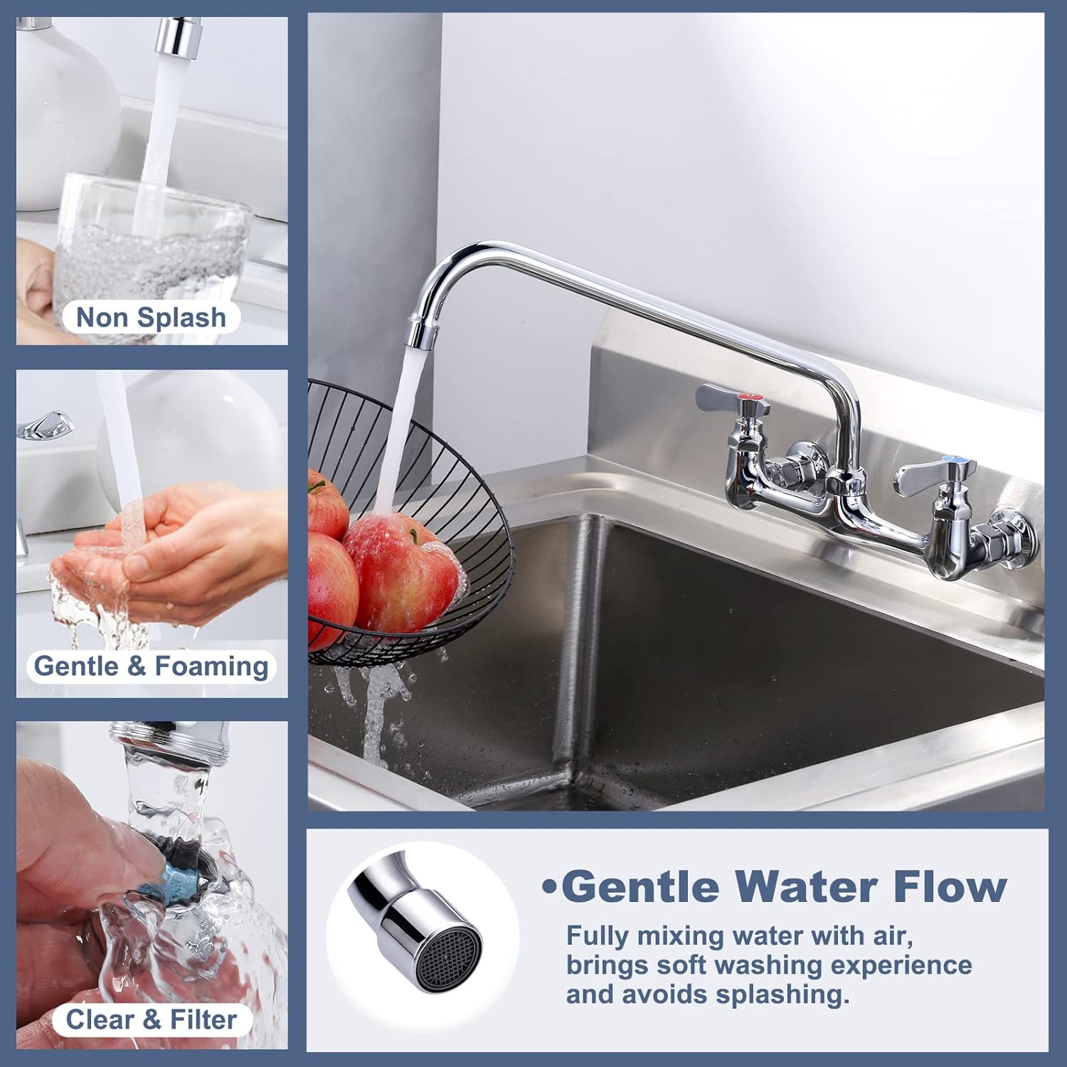 Commercial Sink Faucet with 14” Swivel Spout, 8" Center Wall Mount Kitchen Faucet & Commercial Sink Drain: 3-1/2" Sink Opening Waste Drain Valve - Brass Kitchen Sink Drain with Twist Handl