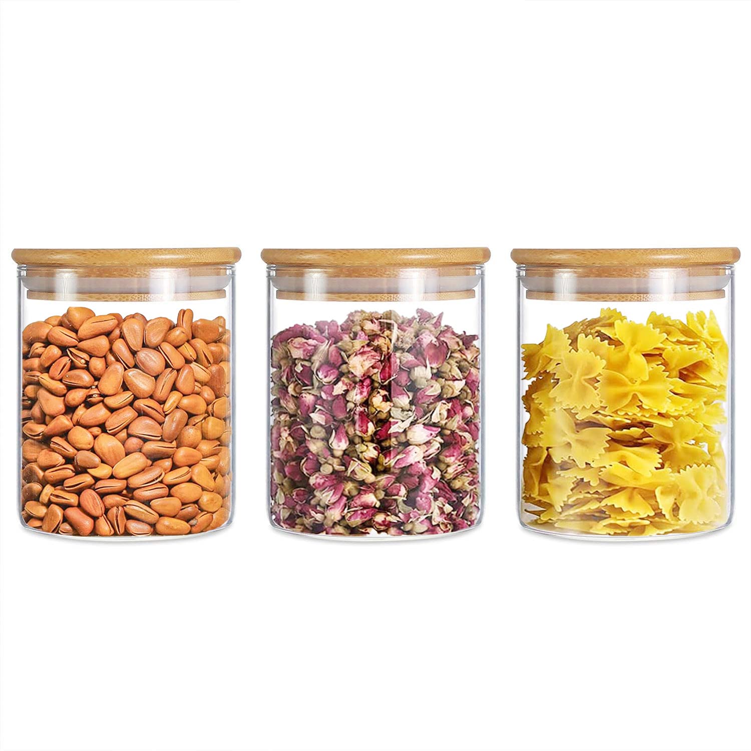 TAPIT Glass Food Storage Containers Set,Spice Jar Set,3 Piece Glass Jar with Bamboo Airtight Lids and Labels, Mini Clear Food Storage Containers for Pantry for Tea, Herbs, Sugarâ€¦ (3PC, 700ml)