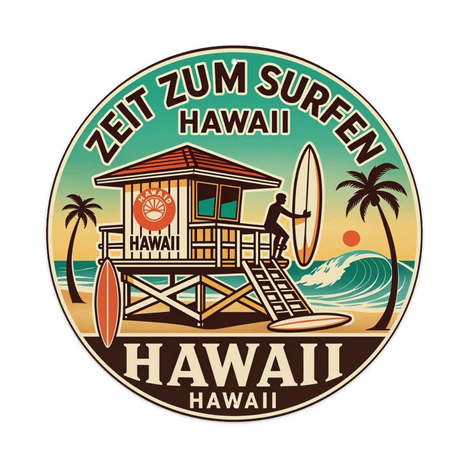 Surf Hut Palm Trees Waves Sun Round Tin Sign Vintage Metal Poster Retro Bar, Home, Man Cave, Kitchen, Laundry Room Wall Art Decor Gift 8x8Inch