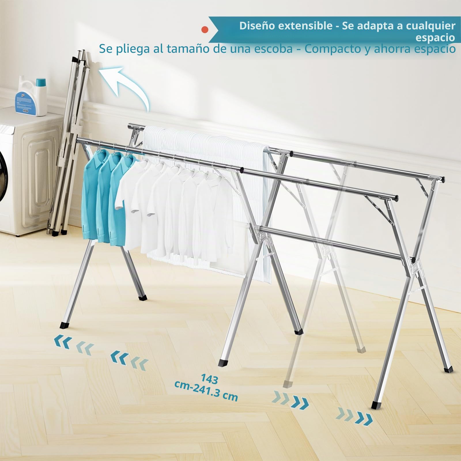 JAUREE Tendedero de ropa de 95 pulgadas, estante de secado plegable para interiores y exteriores, estante de lavandería de acero inoxidable resistente, plegable, portátil, grande, con 20 ganchos