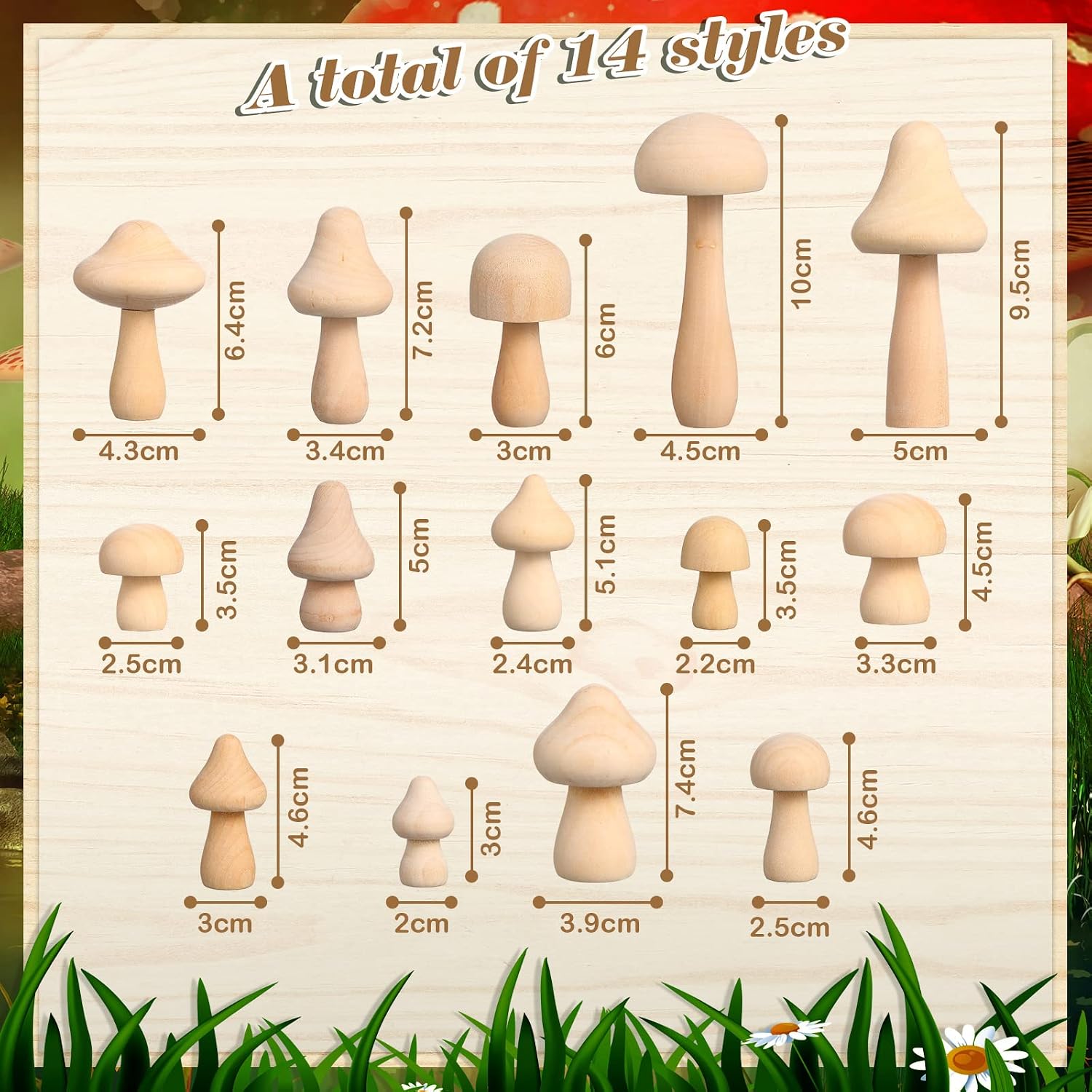 Vicenpal 40 Pcs Unfinished Wooden Mushroom 14 Size Natural Wood Mushrooms for DIY Crafts and Arts Paint Color Ornaments for Christmas Home Desk Bookshelves Decorations Gift